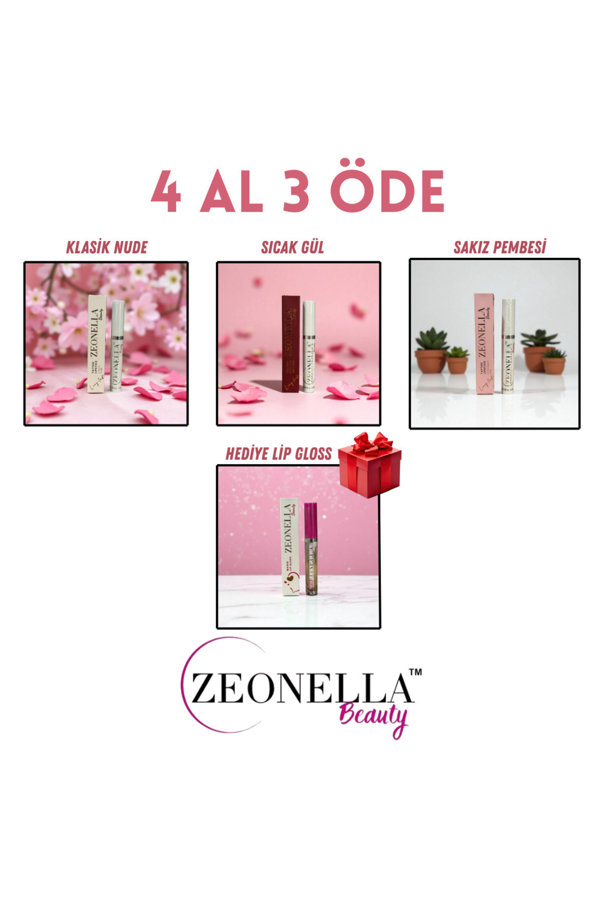 Zeonella Beauty Soyulabilir Ruj Dudak Dövmesi 3'lü Set - Klasik Nude, Sıcak Gül ve Sakız Pembesi