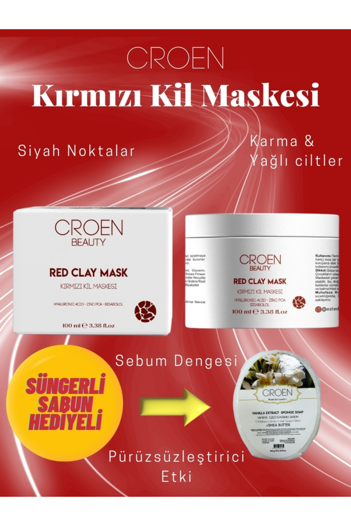 Croen Beauty Kırmızı Kil Maskesi HEDİYELİ | Gözenek Sıkılaştırıcı | Siyah Nokta Maskesi ve Yağ Karşıtı, 100 ml