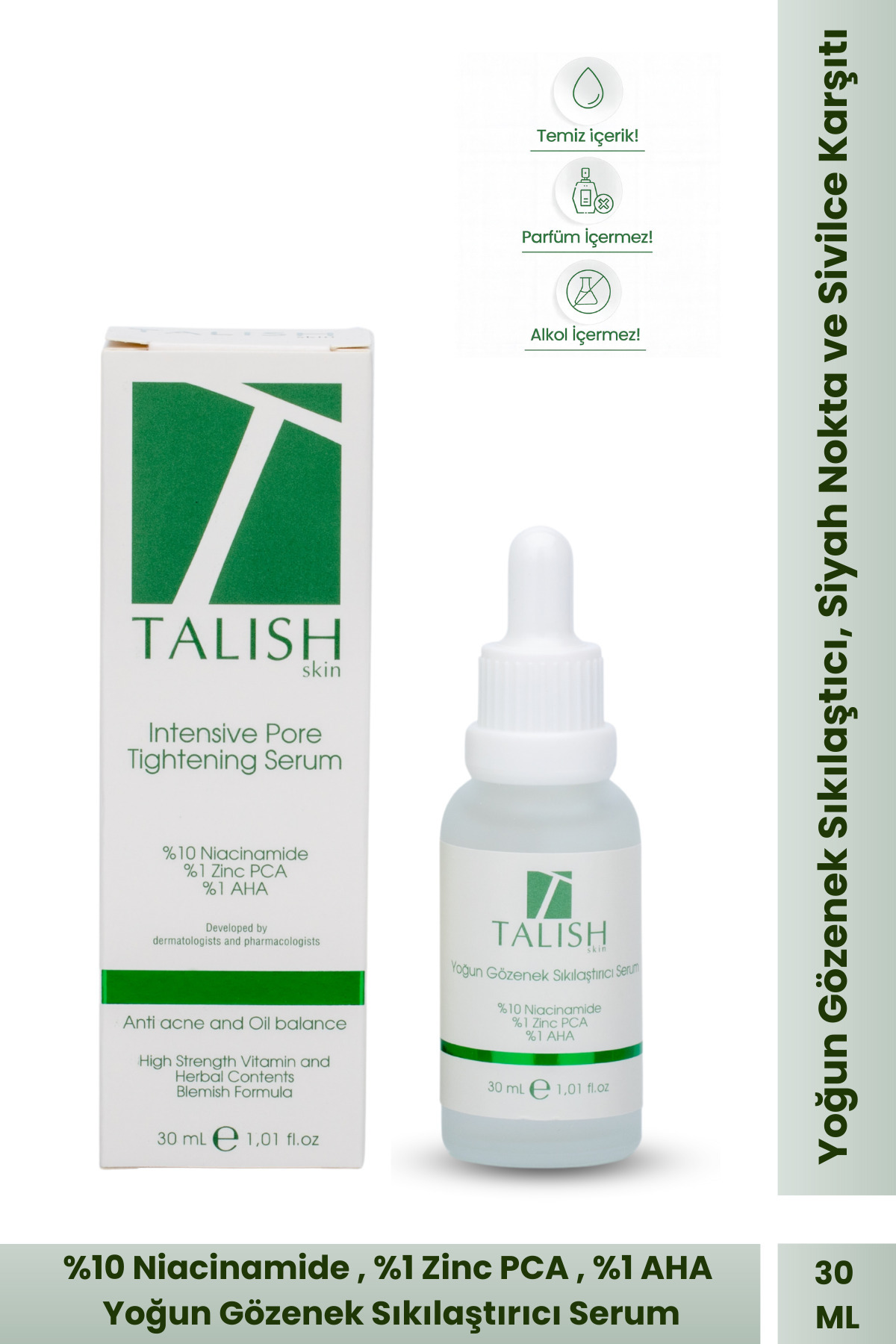 TALISH Niacinamide Serum %10 + Zinc PCA %1 + AHA %1 – Yoğun Gözenek Sıkılaştırıcı