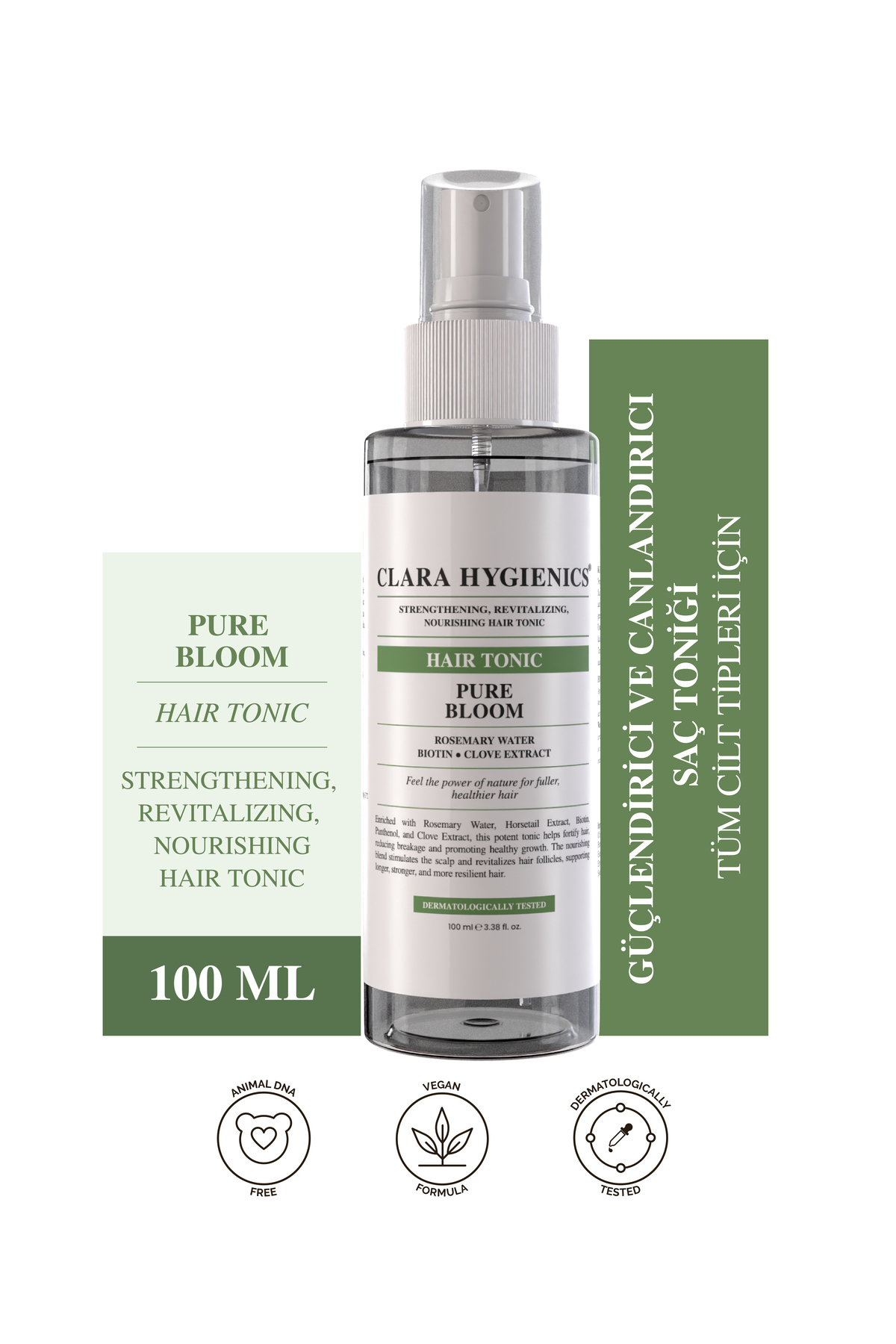 Clara Hygienics Pure Bloom Biberiye Saç Toniği 100ml – Güçlendirici, Nemlendirici, Önleyici Biotin Destekli Vegan