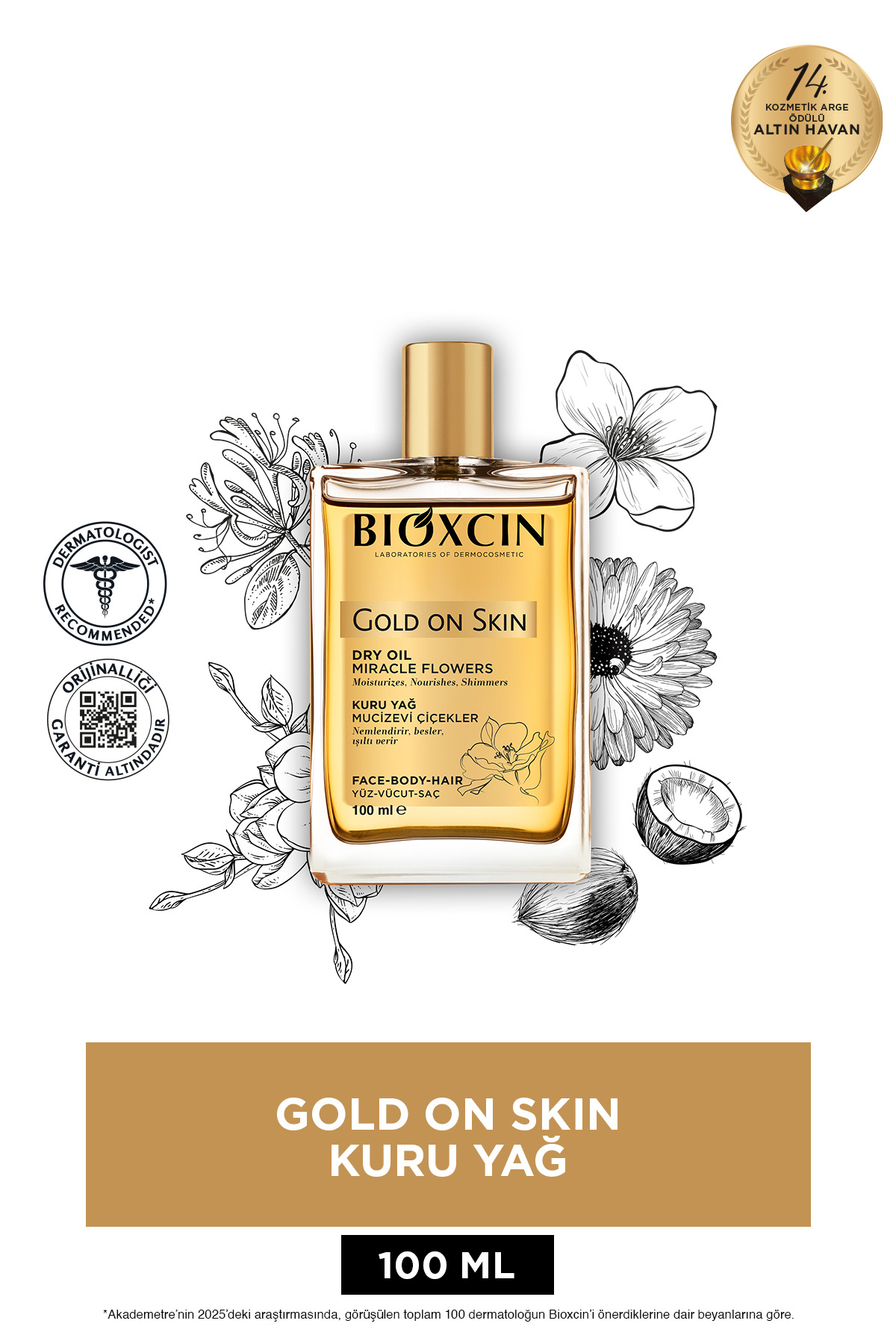 Bioxcin Gold On Skin Kuru Yağ 100 ml Cilt Saç İçin Besleyici Nemlendirici Sprey (Monoi Kokulu)