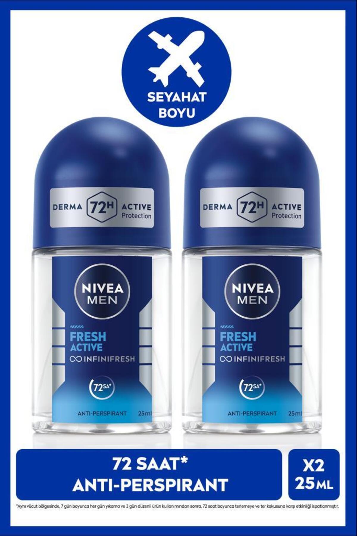 NIVEA MEN Erkek Roll-on Deodorant Fresh Active 25ml, 72 Saat Anti-perspirant Koruma,Seyahat Boyu, Alkolsüz