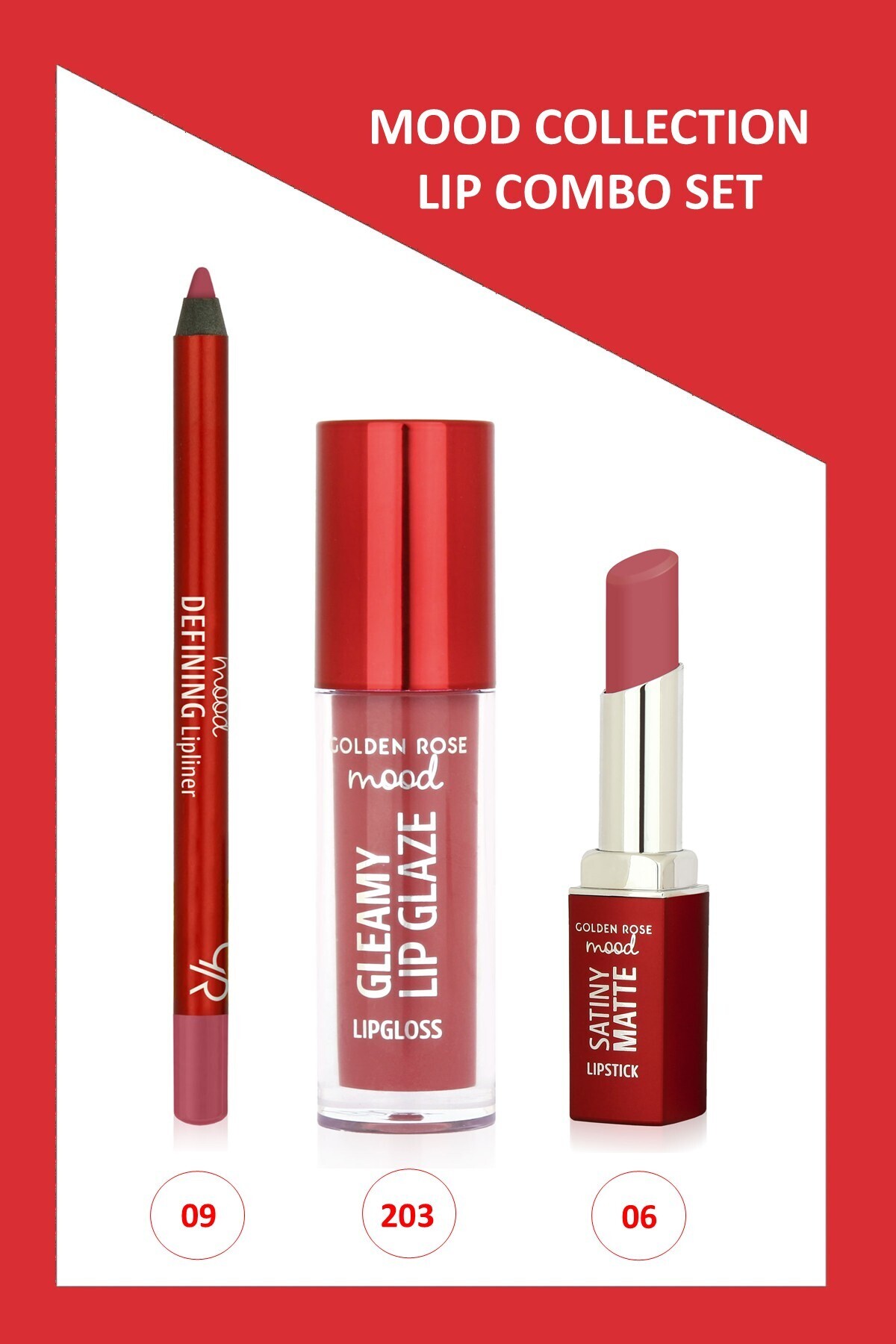 Golden Rose Mood Lip Combo Set -Dudak Kalemi No:09 - Mat Ruj No:06 - Dudak Parlatıcısı No: 203