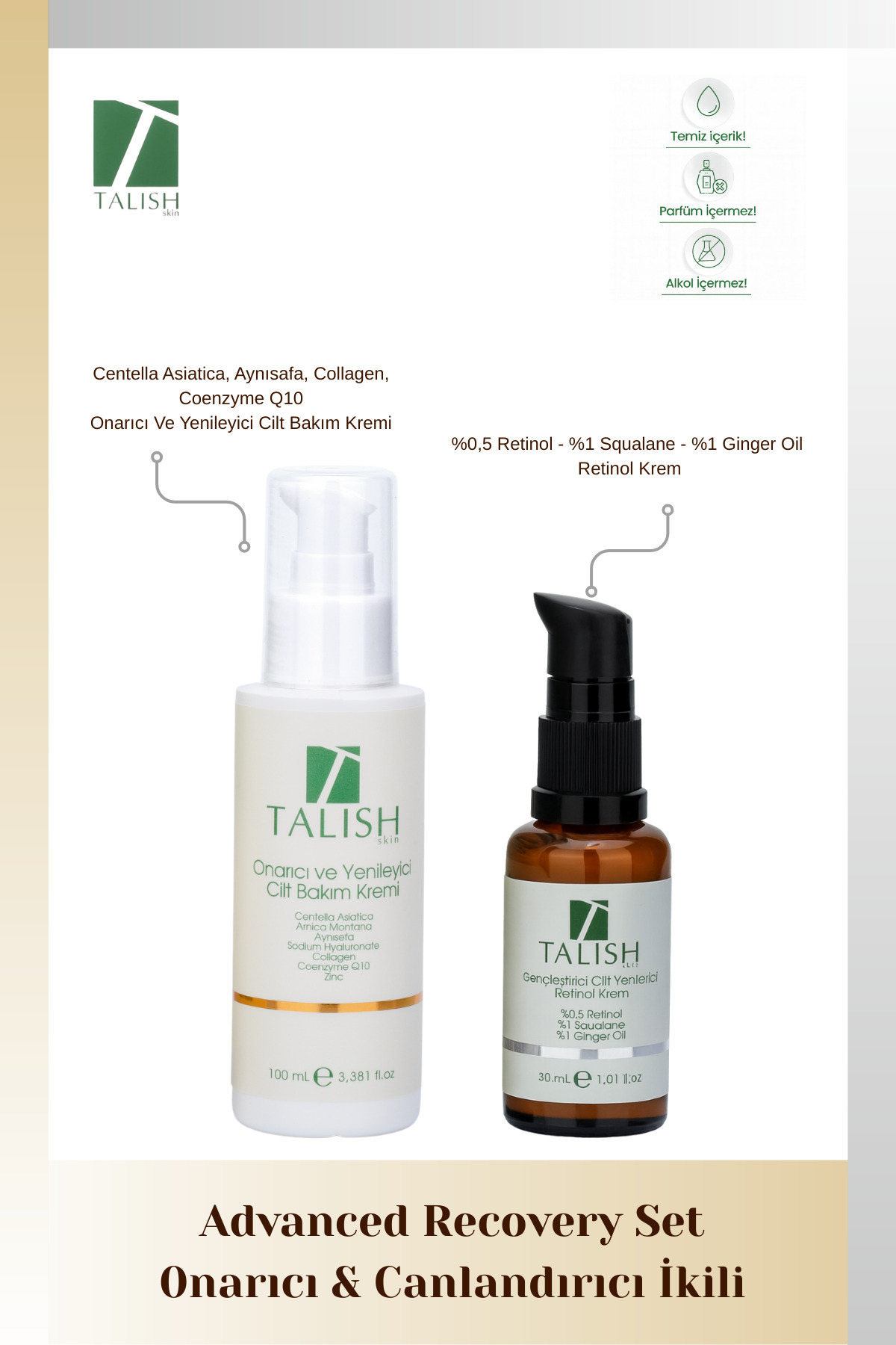 TALISH Advanced Recovery Set – Yaşlanma Karşıtı Retinol Krem & Onarıcı Yenileyici Cilt Bakım Kremi