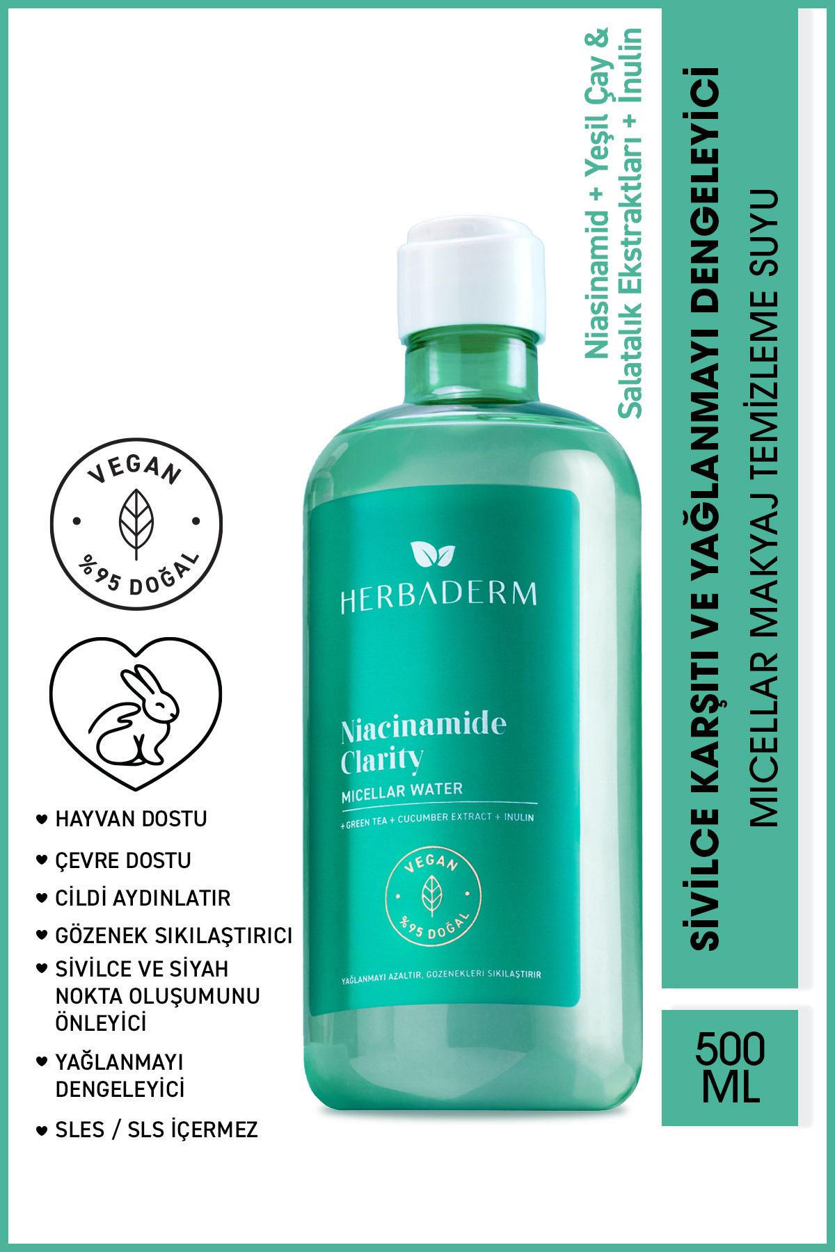 Herbaderm Niacinamide Clarity, Karşıtı ve Yağlanmayı Dengeleyici Micellar Makyaj Temizleme Suyu 500 ml