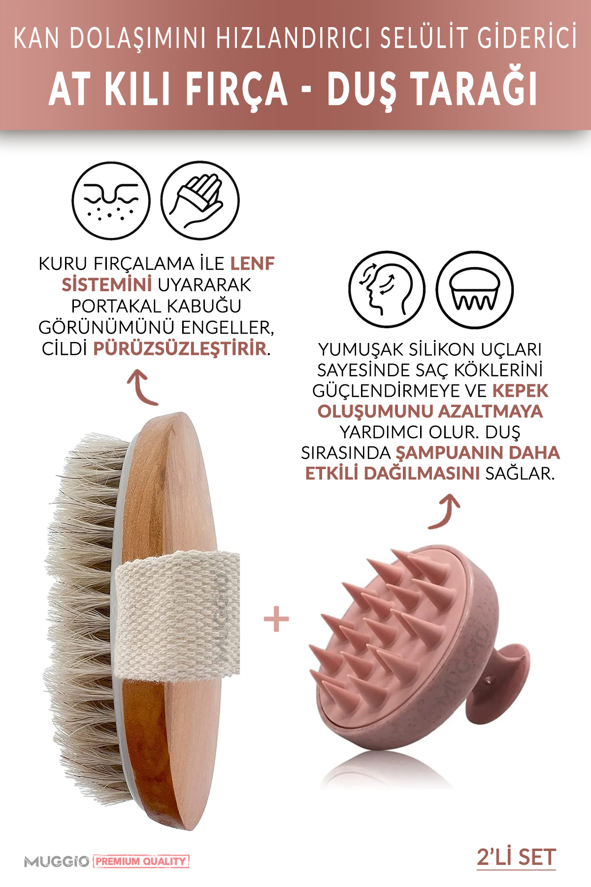 Muggio 2li Set - %100 Doğal At Kılı Selülit Fırçası Pembe Silikon Duş Tarak