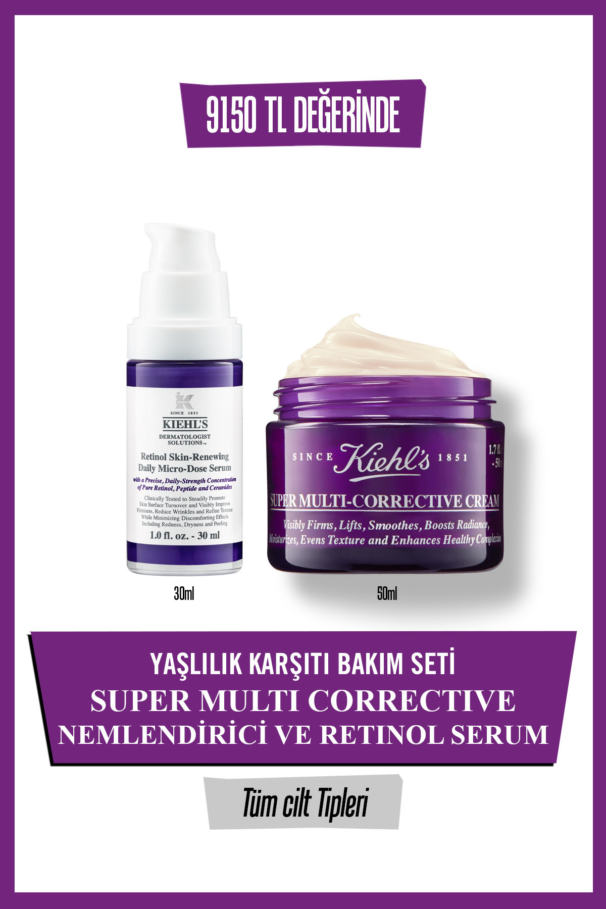 Kiehl's Super Multi-Corrective Yaşlanma Karşıtı Nemlendirici ve Retinol Serum Bakım Seti