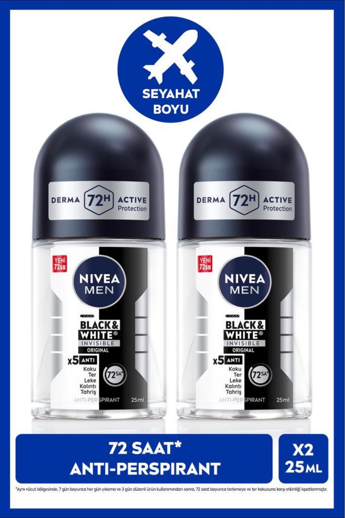 NIVEA MEN Erkek Roll-on Deodorant Black&White Invisible Original 25ml,72 Saat Anti-perspirant Ter Koruması