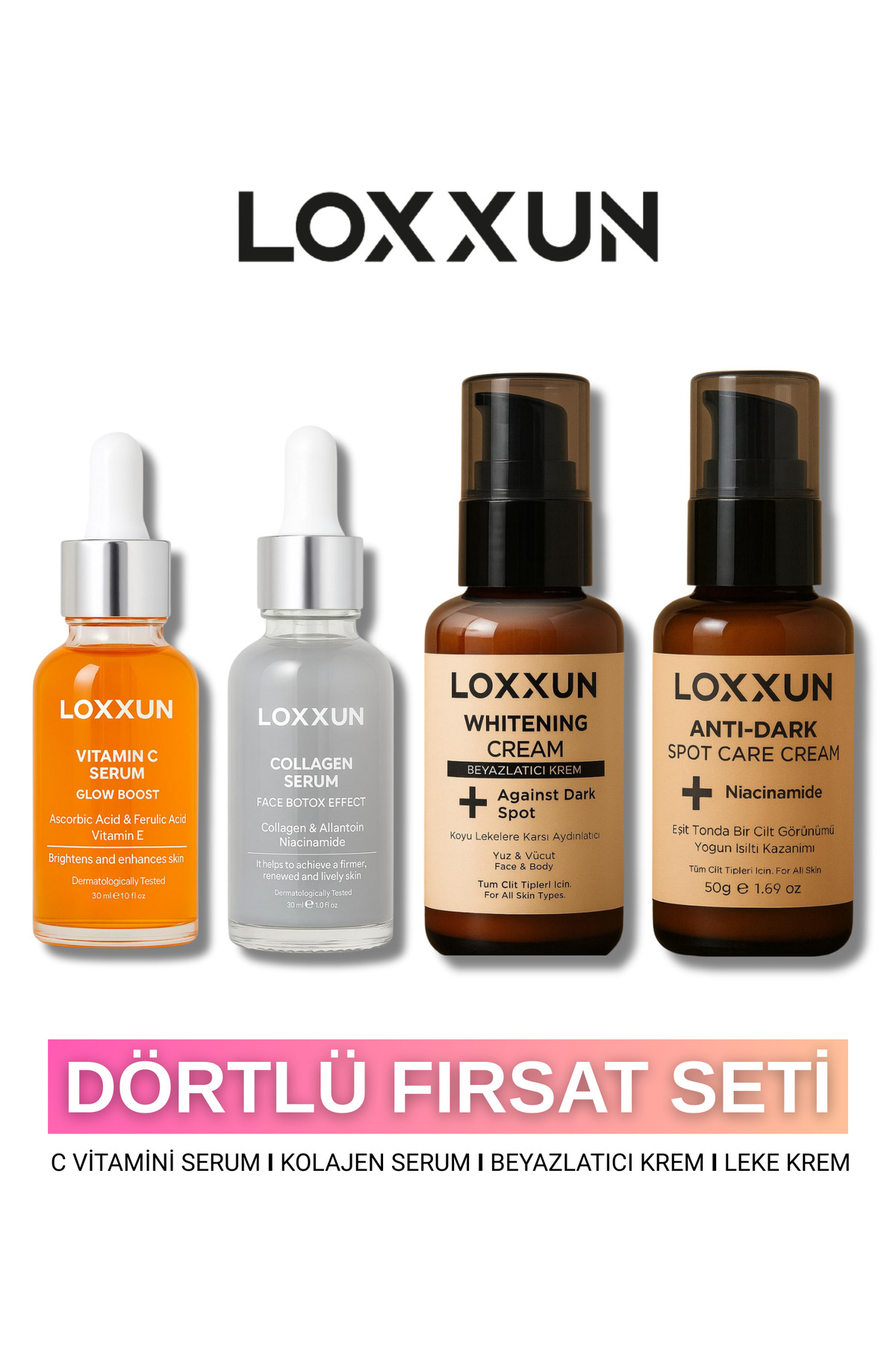 LOXXUN C Vitamini Serum + Kolajen Serum + Beyazlatıcı Krem + Leke Kremi Seti