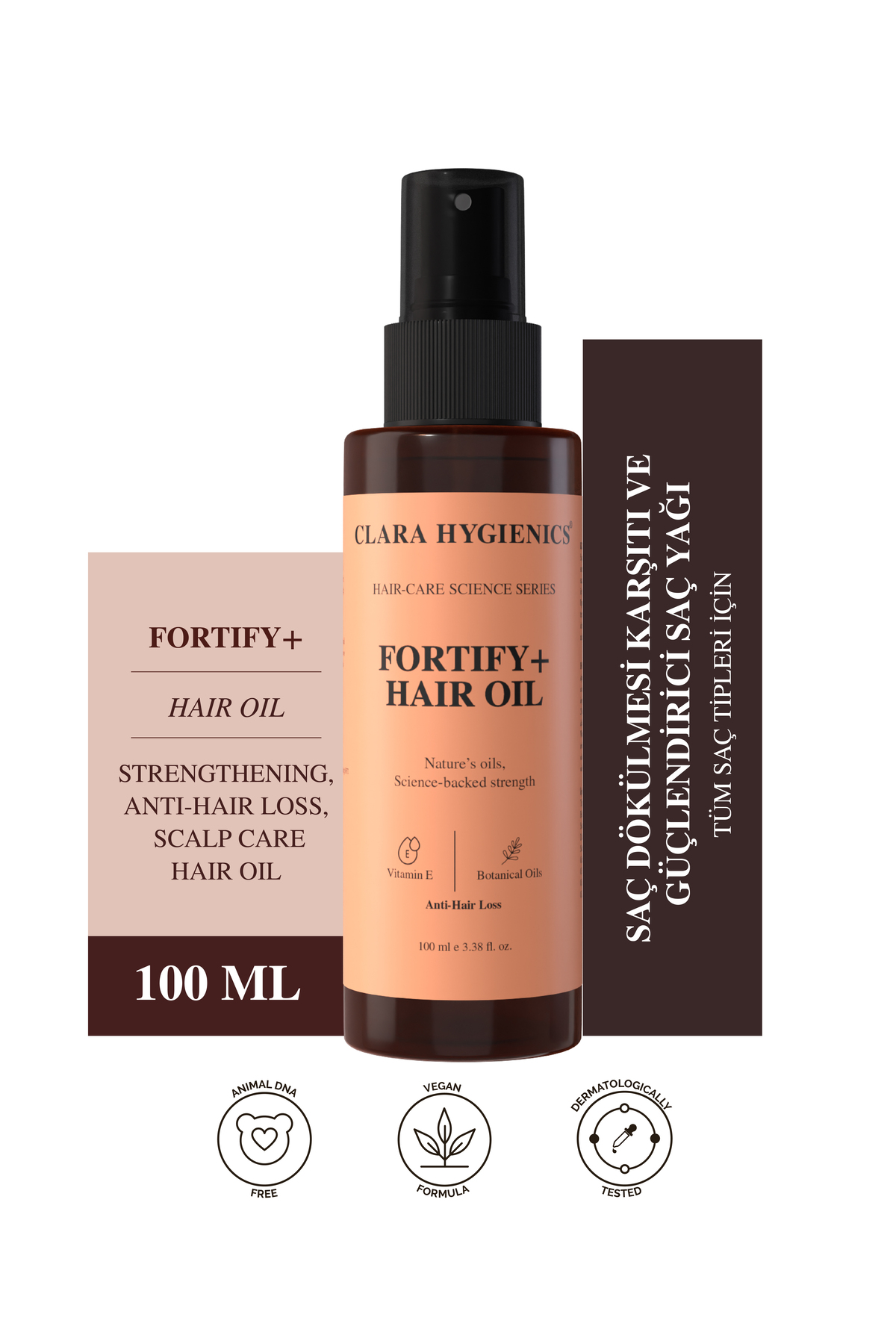 Clara Hygienics Fortify+ Dökülme Karşıtı Saç Yağı 100 ml - Kökleri Güçlendirici Kırılma Azaltıcı Vegan (Biotin)
