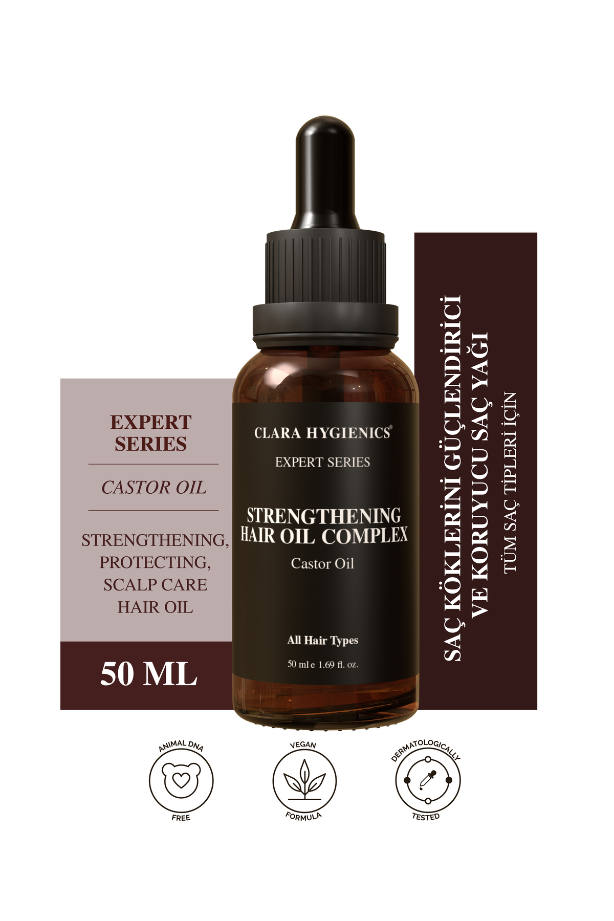 Clara Hygienics Expert Series Güçlendirici Saç Bakım Yağı 50 ml - Güçlendirici Onarıcı Vegan (Hint Yağı)