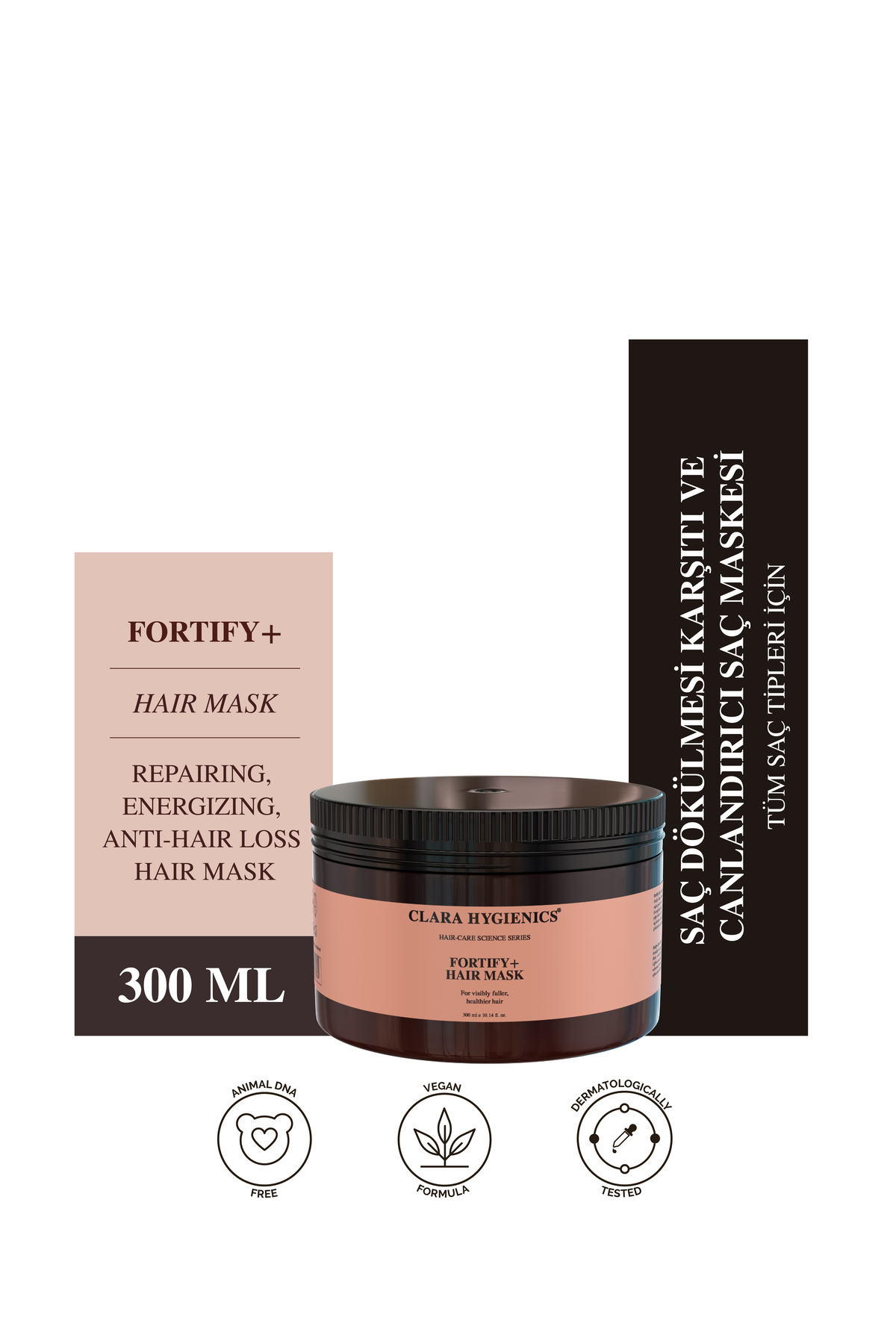 Clara Hygienics Fortify+ Dökülme Karşıtı Saç Maskesi 300 ml - Kökleri Güçlendirici Kırılma Azaltıcı Vegan (Biotin)
