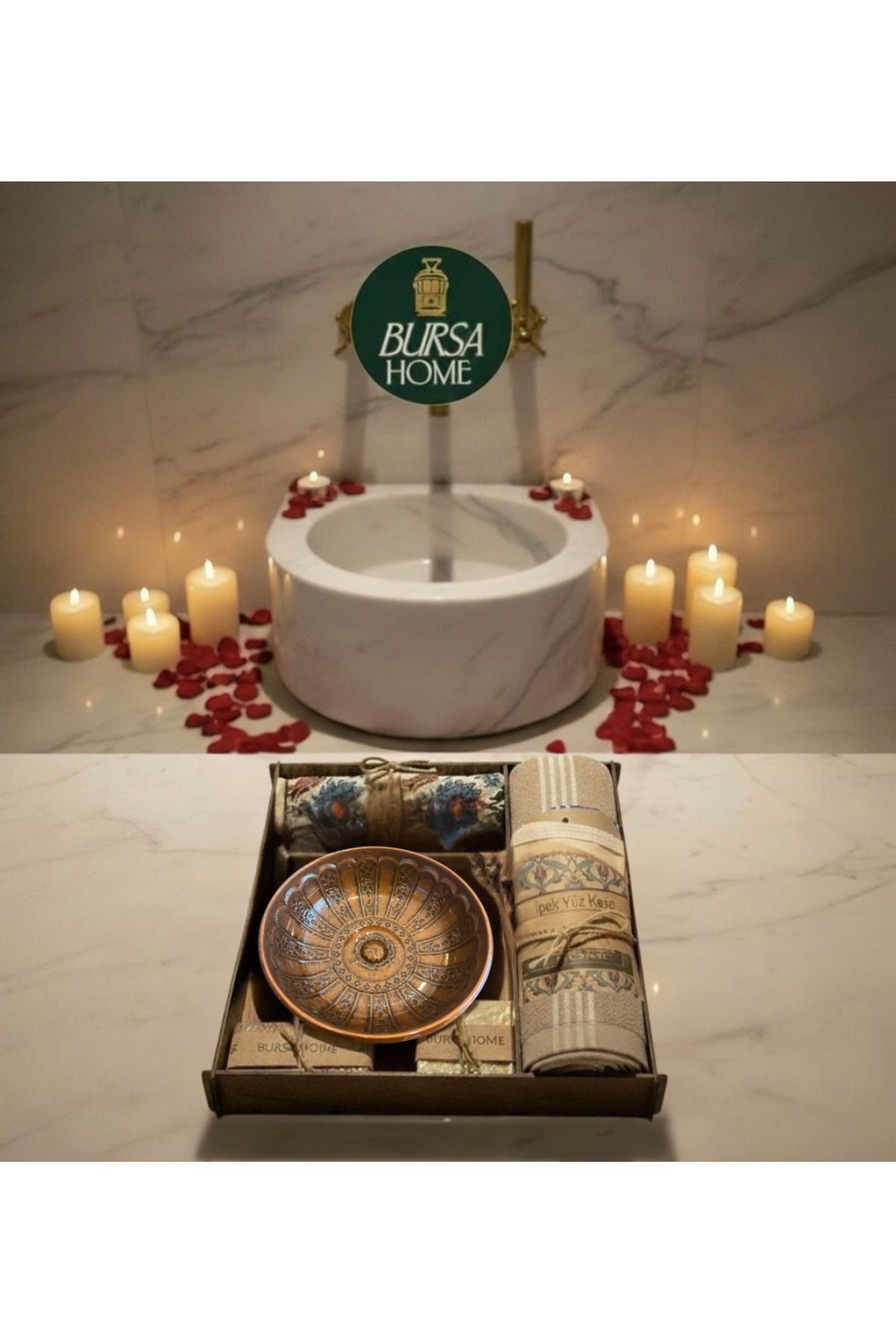 Bursa Home Lüks Hamam Seti Hediyelik Gelin Hamamı 6 Parça Sabun İpek Yüz Ve Vücut Kese , Tas Topuktaşı Peştemal