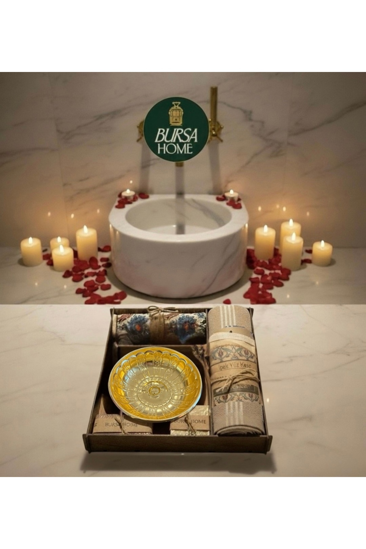 Bursa Home Kutulu Luxury Hamam Seti & Çeyizlik & Hediyelik (Sabun,İpek Kesesi ,Hamam Tası,Topuk Taşı,Peştemal)