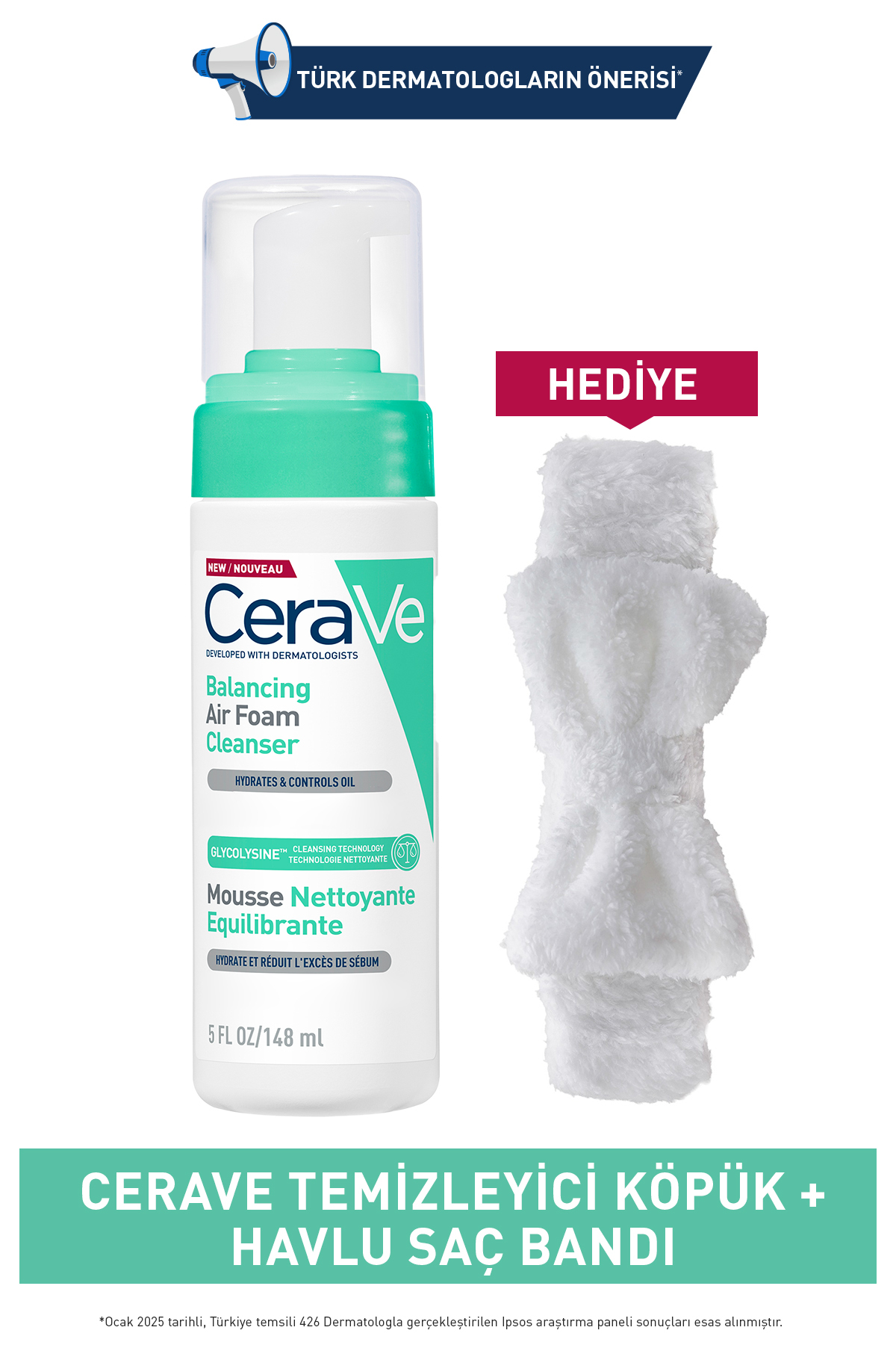 CeraVe Airfoam Karma ve Hassas Cilt Tipleri İçin Temizleyici Köpük 148 ML ve Havlu Saç Bandı Seti