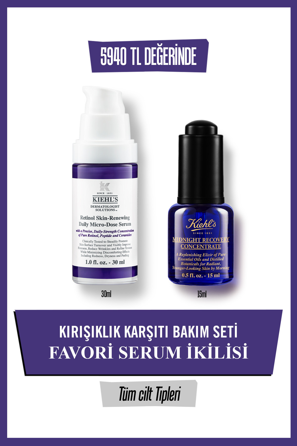 Kiehl's Retinol Skin Renewing & Midnight Recovery Kırışıklık Karşıtı Gece & Gündüz 2 li Set