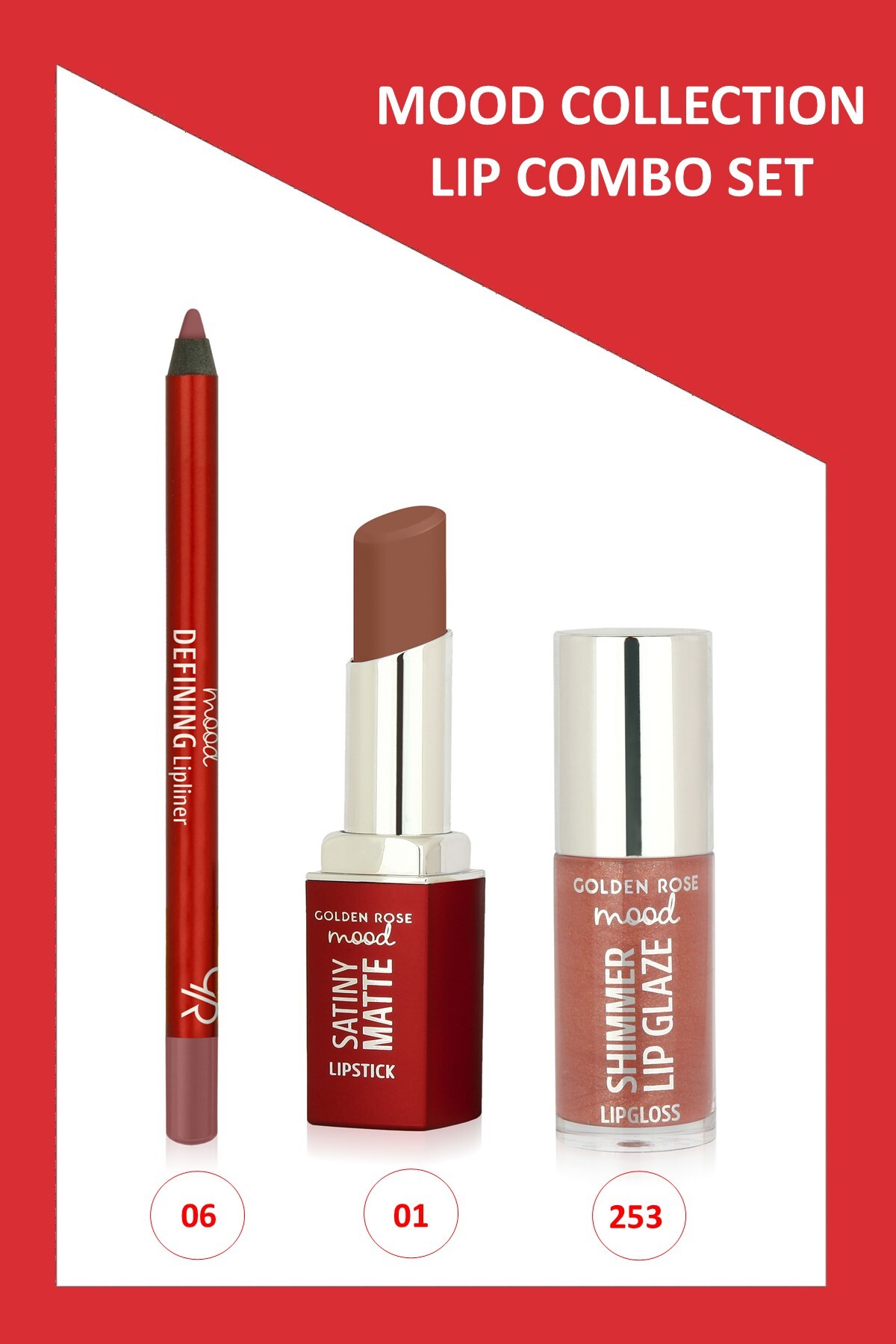 Golden Rose Mood Lip Combo Set - Dudak Kalemi No:06 - Matte Ruj No:01- Dudak Parlatıcısı No: 253