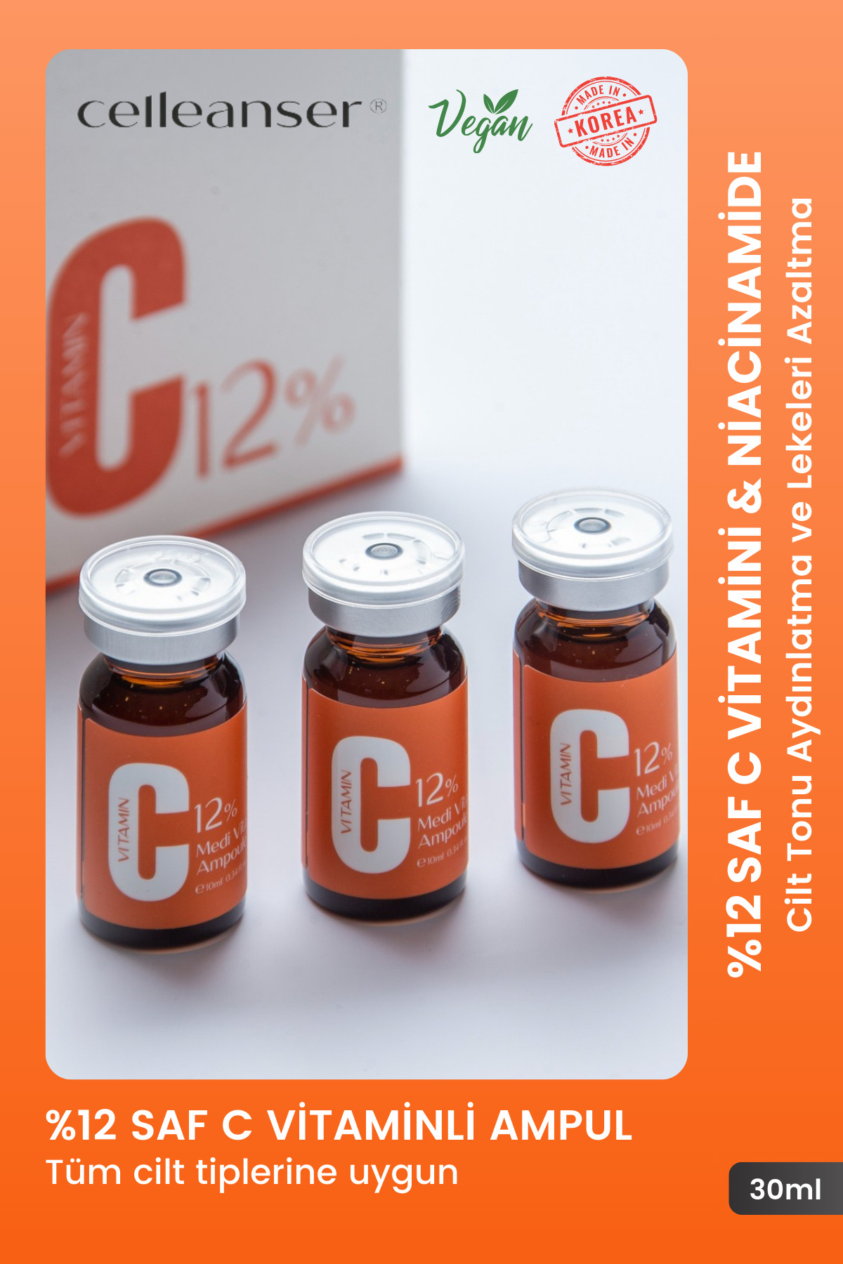 celleanser Kore C Vitaminli Leke Serumu - %12 Saf C Vitaminli Cilt Tonu Eşitleyici ve Aydınlatıcı Peptitli Yüz Serumu