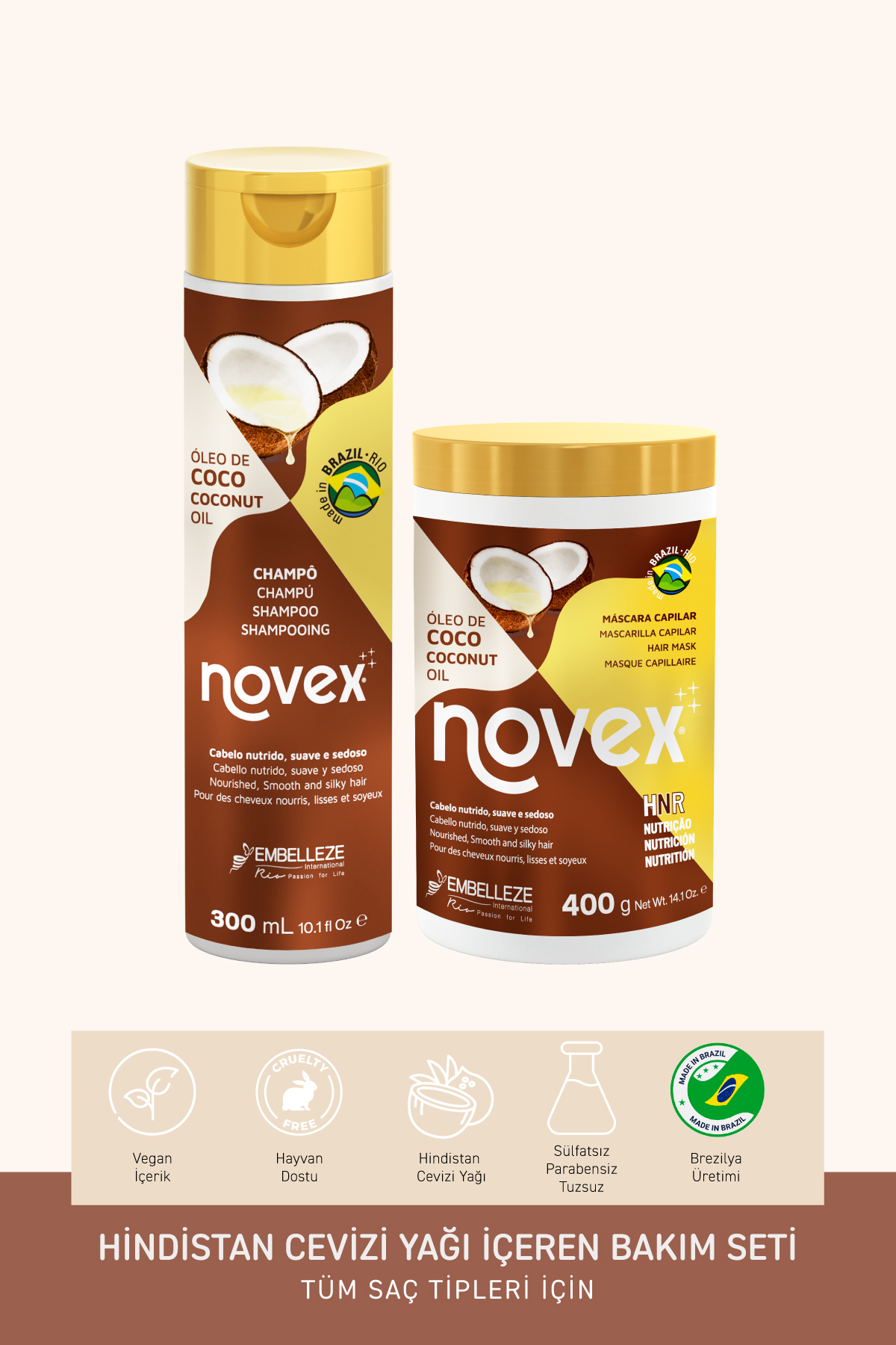 NOVEX Coconut Oil - Kuru ve Hasarlı Saçlar İçin Şampuan 300ml + Saç Maskesi 400g