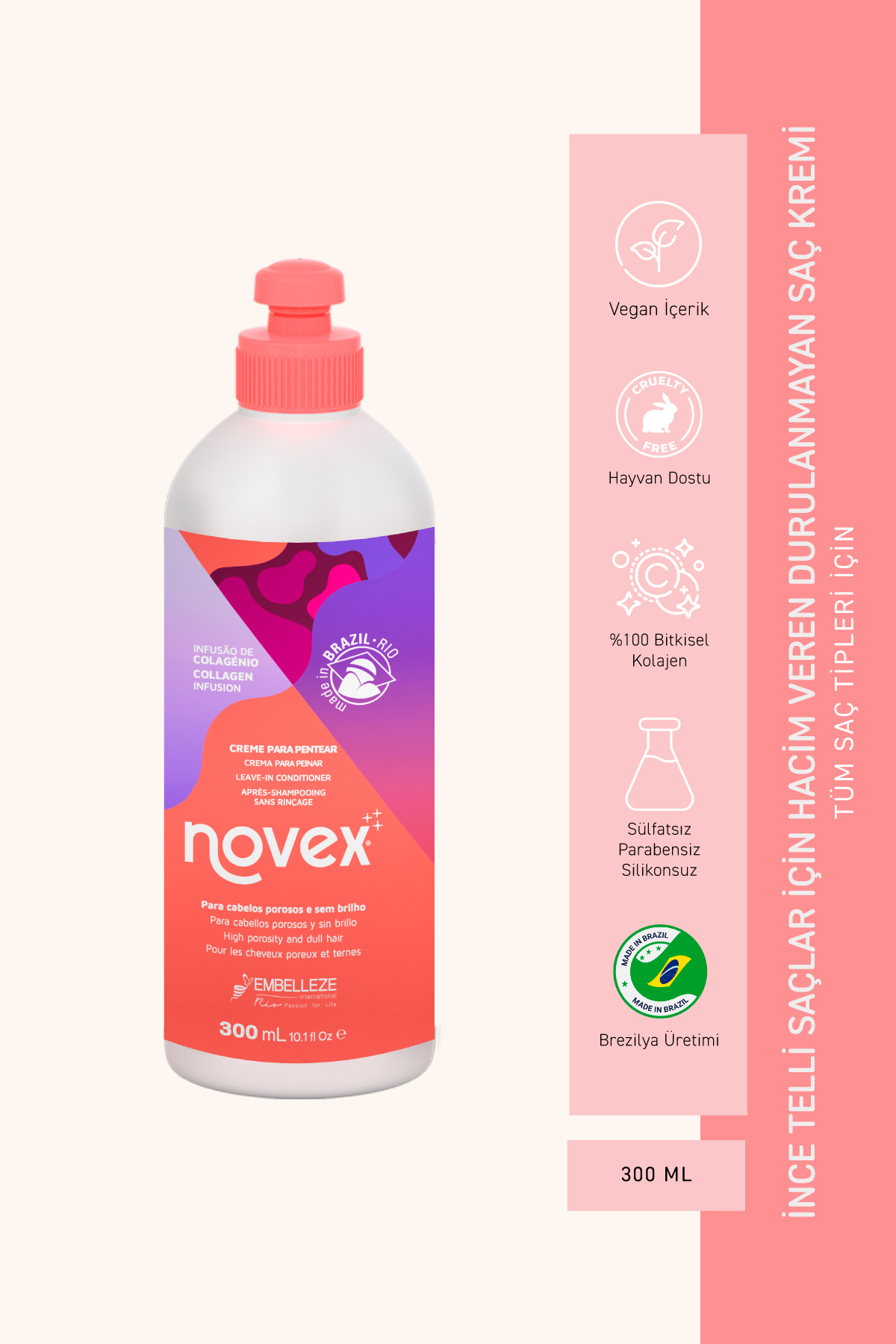 NOVEX Collagen Infusion - Ince Telli Saçlar Için Hacim Veren Kolajen Durulanmayan Saç Bakım Kremi 300ml