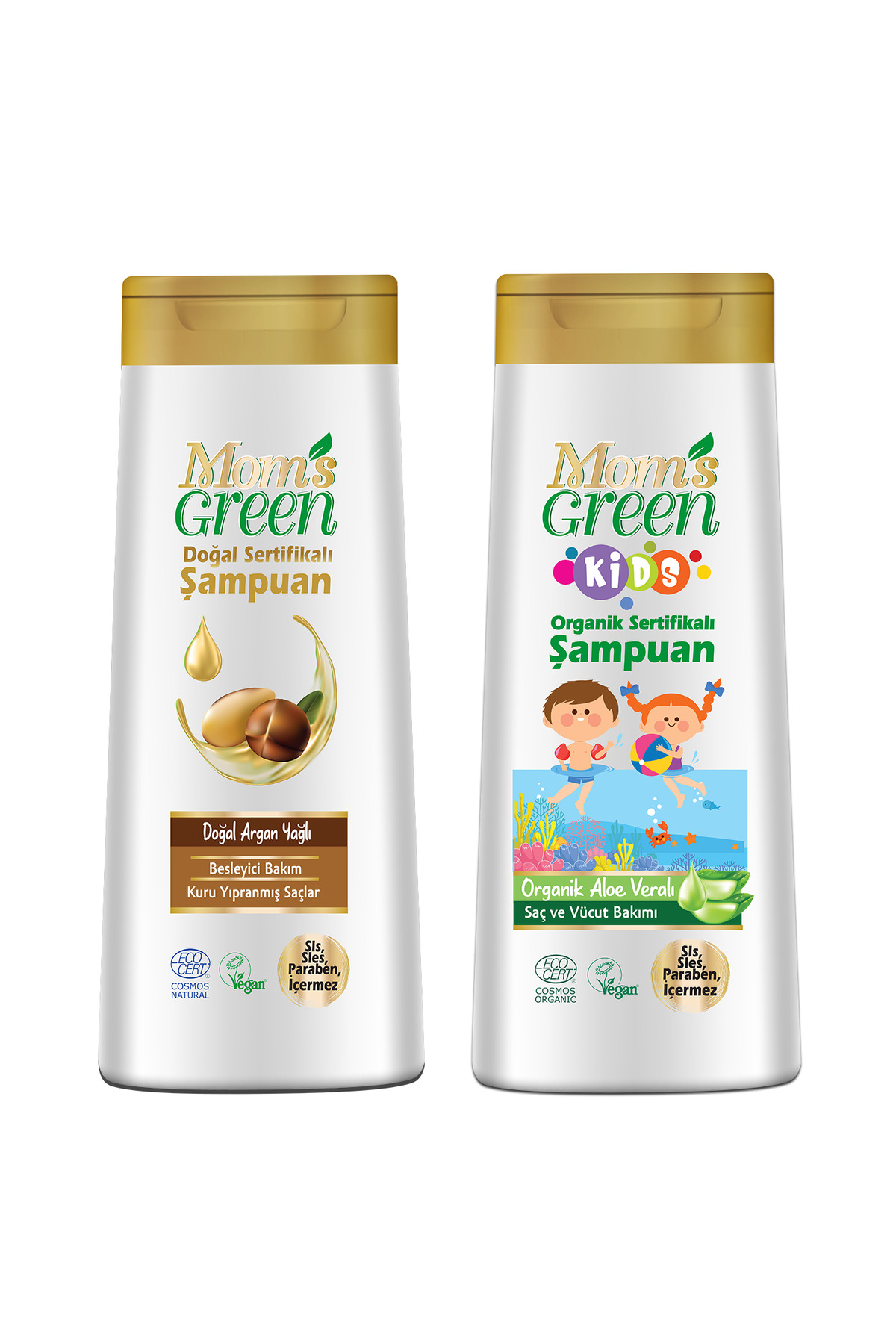 Mom's Green 2'li Set Kids Organik Aloeveralı Çocuk Şampuanı + Doğal Argan Yağlı Şampuan 400ml X 2 Adet