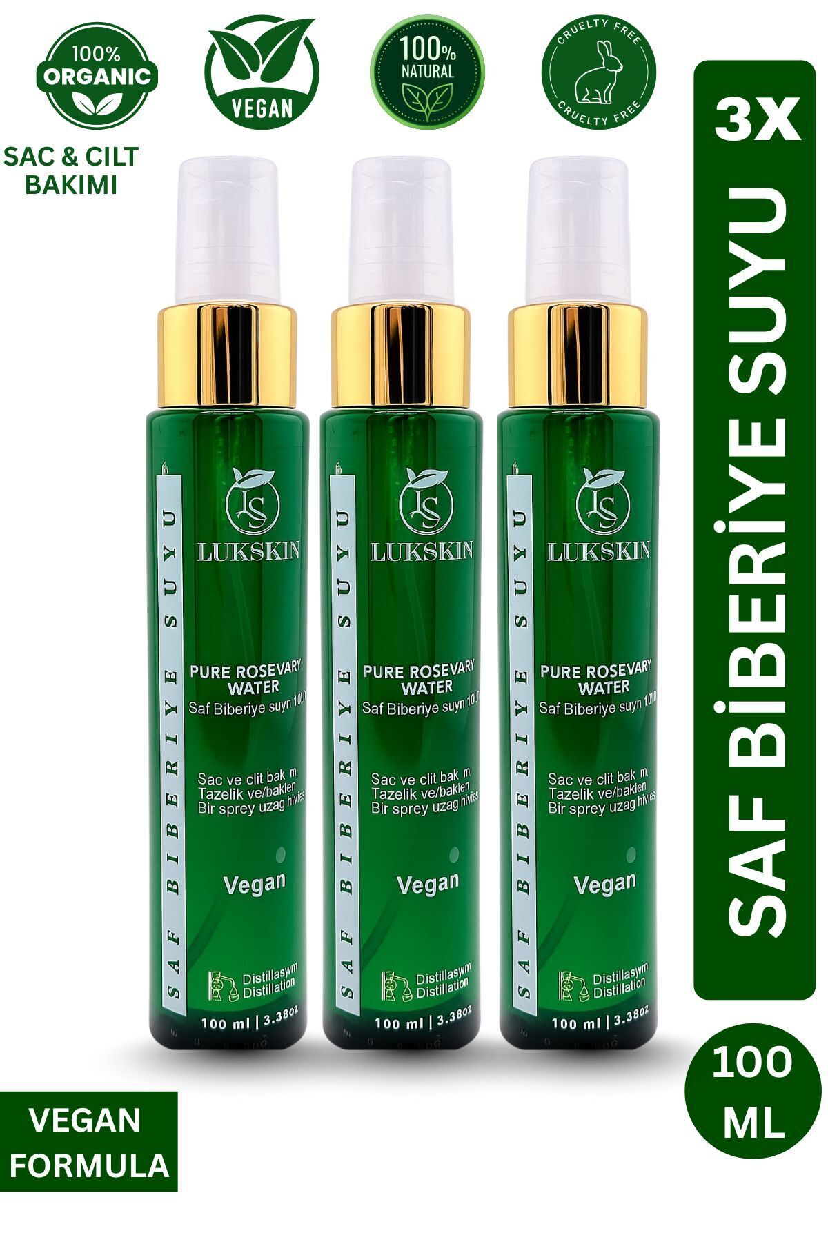 LUKSKIN Doğal Biberiye Suyu Hidrosol – Saf Bitkisel Rosemary Water Sprey Çok Amaçlı Cilt ve Saç Bakımı 3X