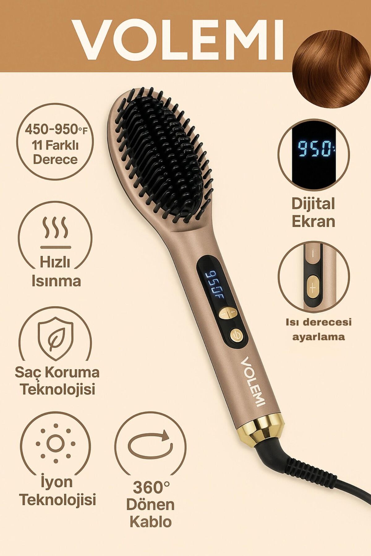 VOLEMİ V-0111 Dijital Ekranlı Saç Düzleştirici Fırça 450-950°F 11 Kademe İyon Teknolojisi Hızlı Isınma