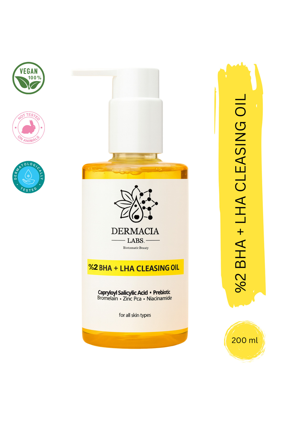 Dermacia Labs BHA +LHA, Salisilik Asit, Siyah Nokta Karşıtı, Yüz ve Vücut Arındırıcı Temizleme Yağı 200 ml