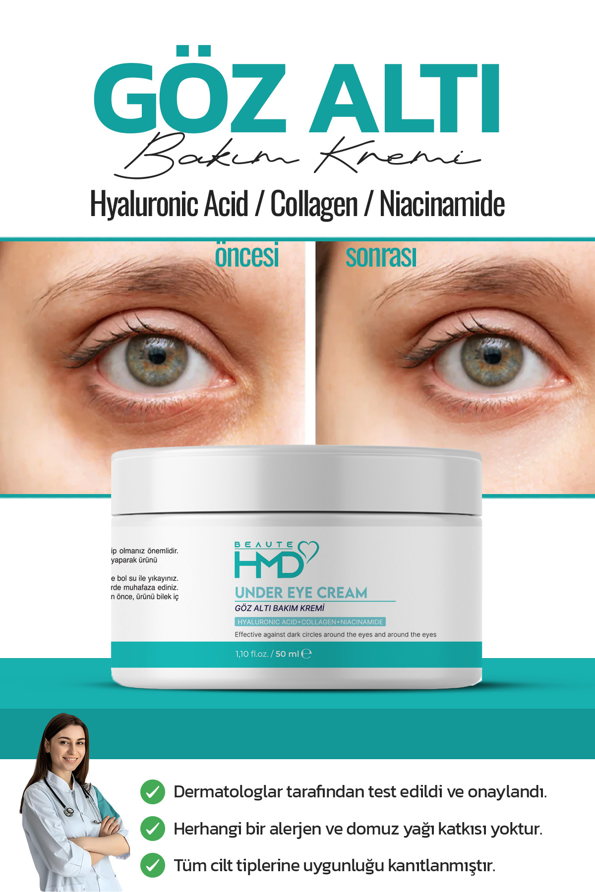 BEAUTE HMD göz altı torbalanma Canlandırıcı Karşıtı koyu halka giderici Göz Çevresi Bakım Kremi 50 ml