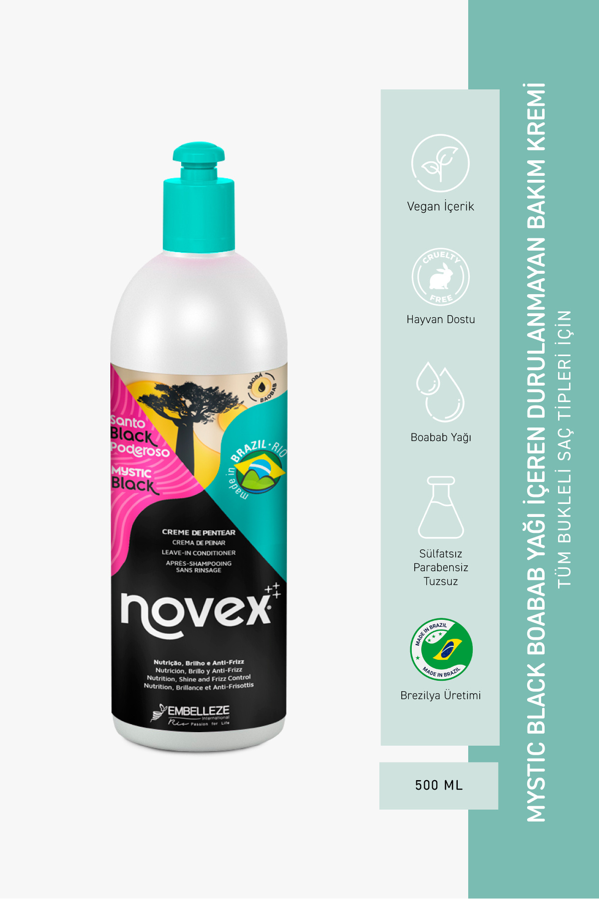 NOVEX Mystic Black - Kuru Bukleli Saçlar Için Onarıcı Durulanmayan Saç Kremi 500ml