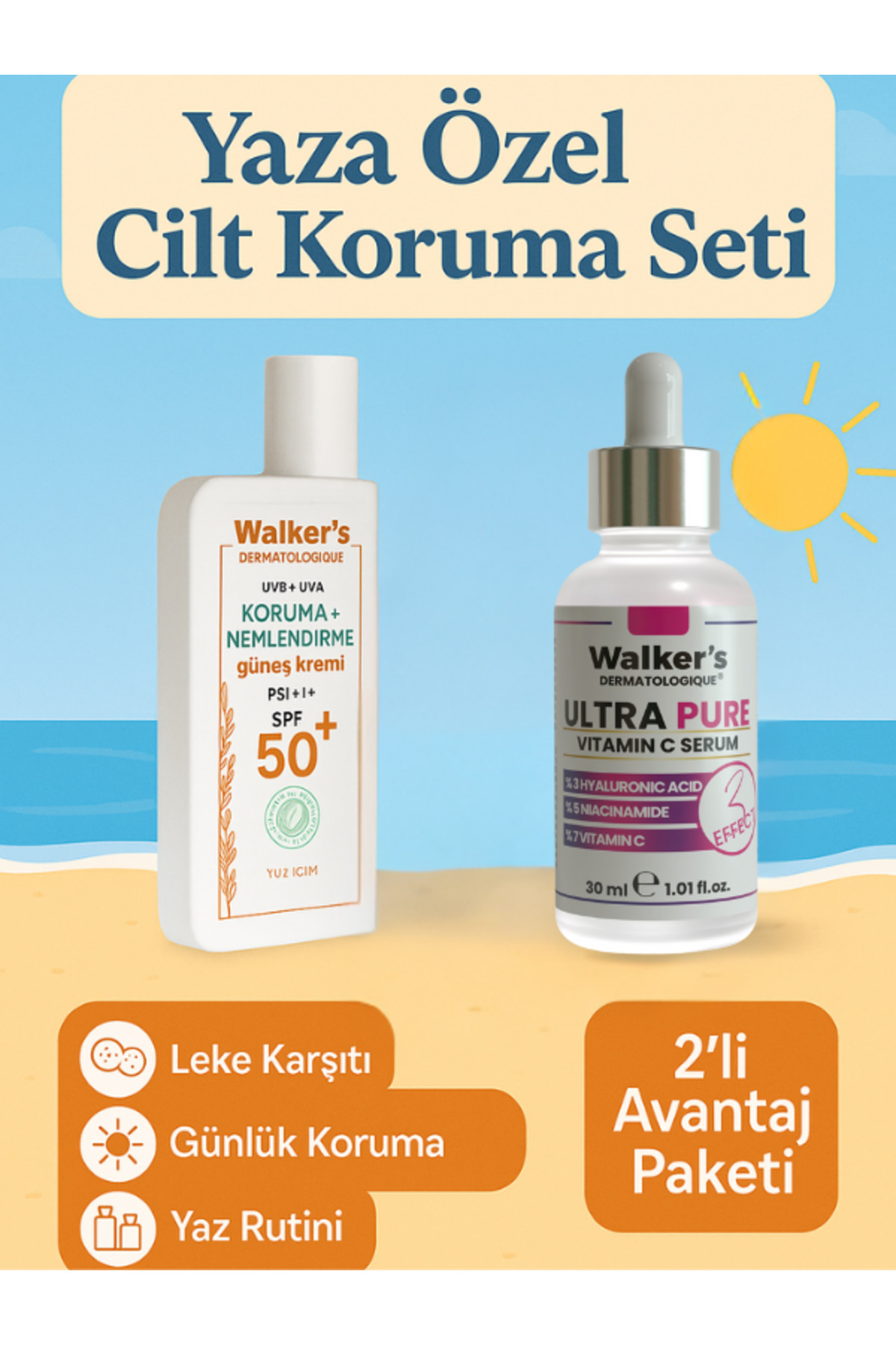 "Leke Karşıtı Cilt Bakımı – Serum & SPF 50 Güneş Koruyucu Seti (Yaza Özel Cilt Koruma Seti)