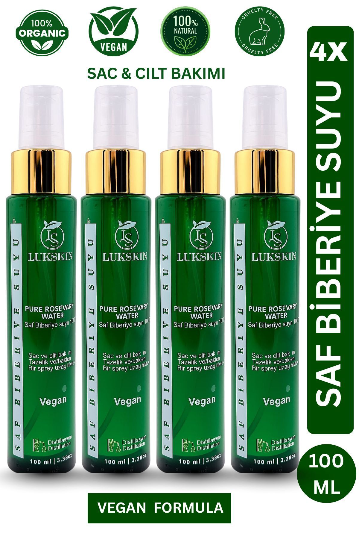LUKSKIN Bitkisel Biberiye Hidrosolü – %100 Doğal Saf Rosemary Water Sprey, Cilt ve Saç İçin Çok Amaçlı 4x