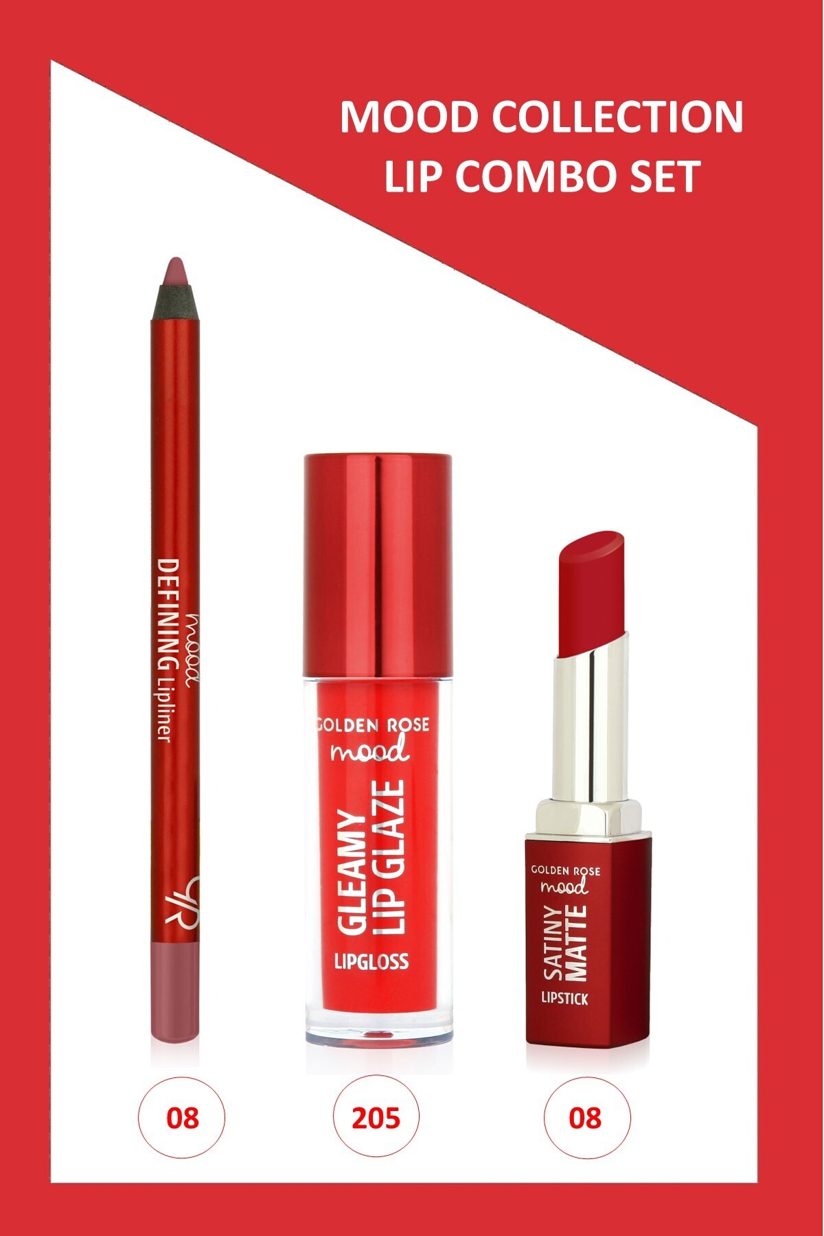Golden Rose Mood Lip Combo Set - Dudak Kalemi No:08 - Matte Ruj No:08 - Dudak Parlatıcısı No:205