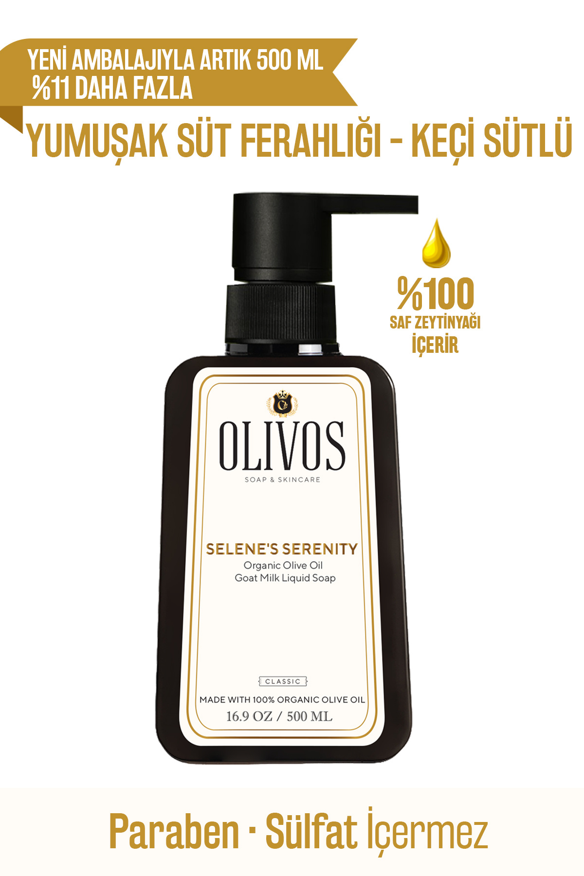 Olivos %100 Doğal Zeytinyağlı Keçi Sütlü Sıvı El Sabun Yoğun Nemlendirici Arındırıcı Bitkisel 500 Ml