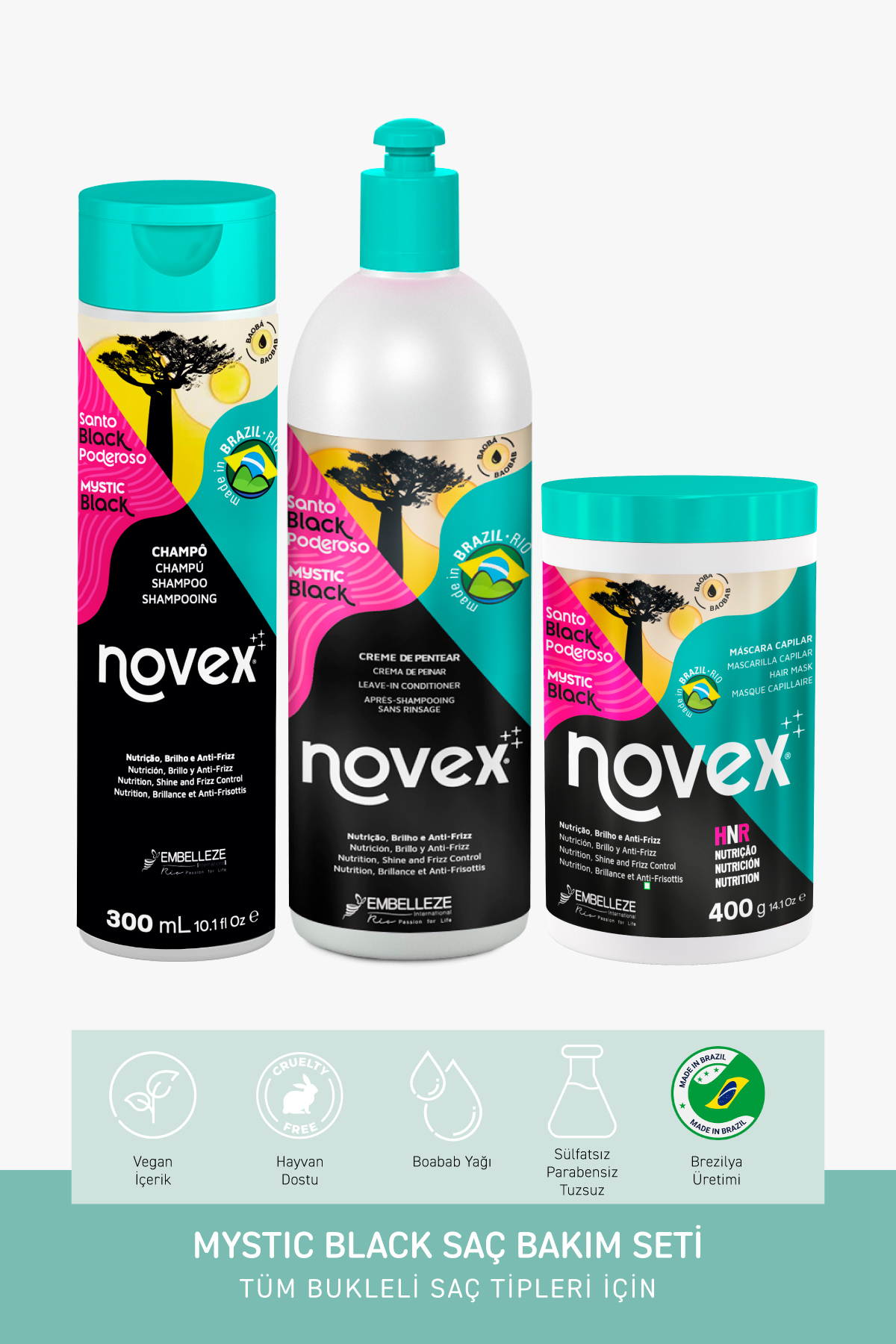 NOVEX Mystic Black - Kuru Bukleli Saçlar Için Onarıcı Şampuan + Durulanmayan Krem 500ml +Saç Maskesi 400g