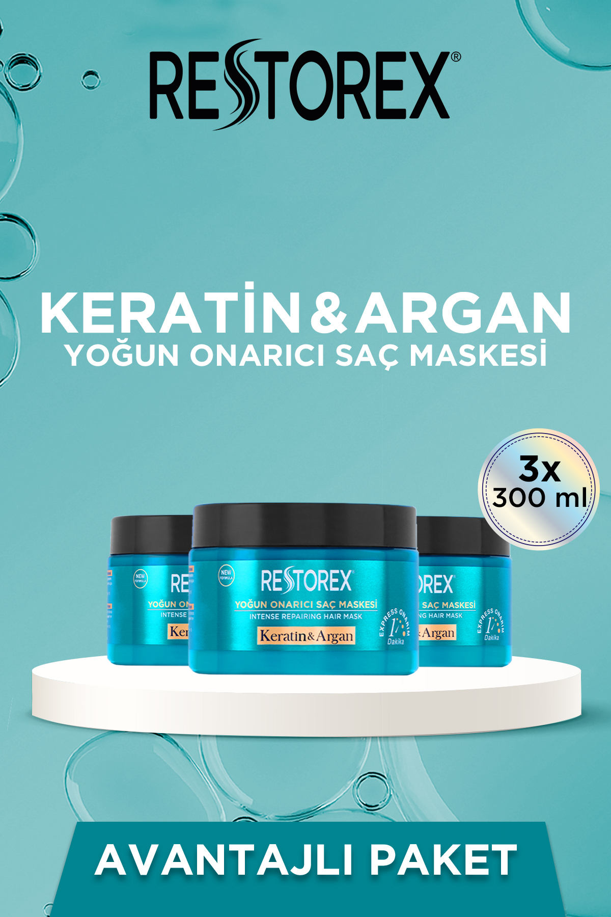 Restorex Keratin & Argan Onarıcı Saç Bakım Maskesi 3x300 Ml - Yıpranmış Ve Hasar Görmüş Saçlar Botoks Etkili