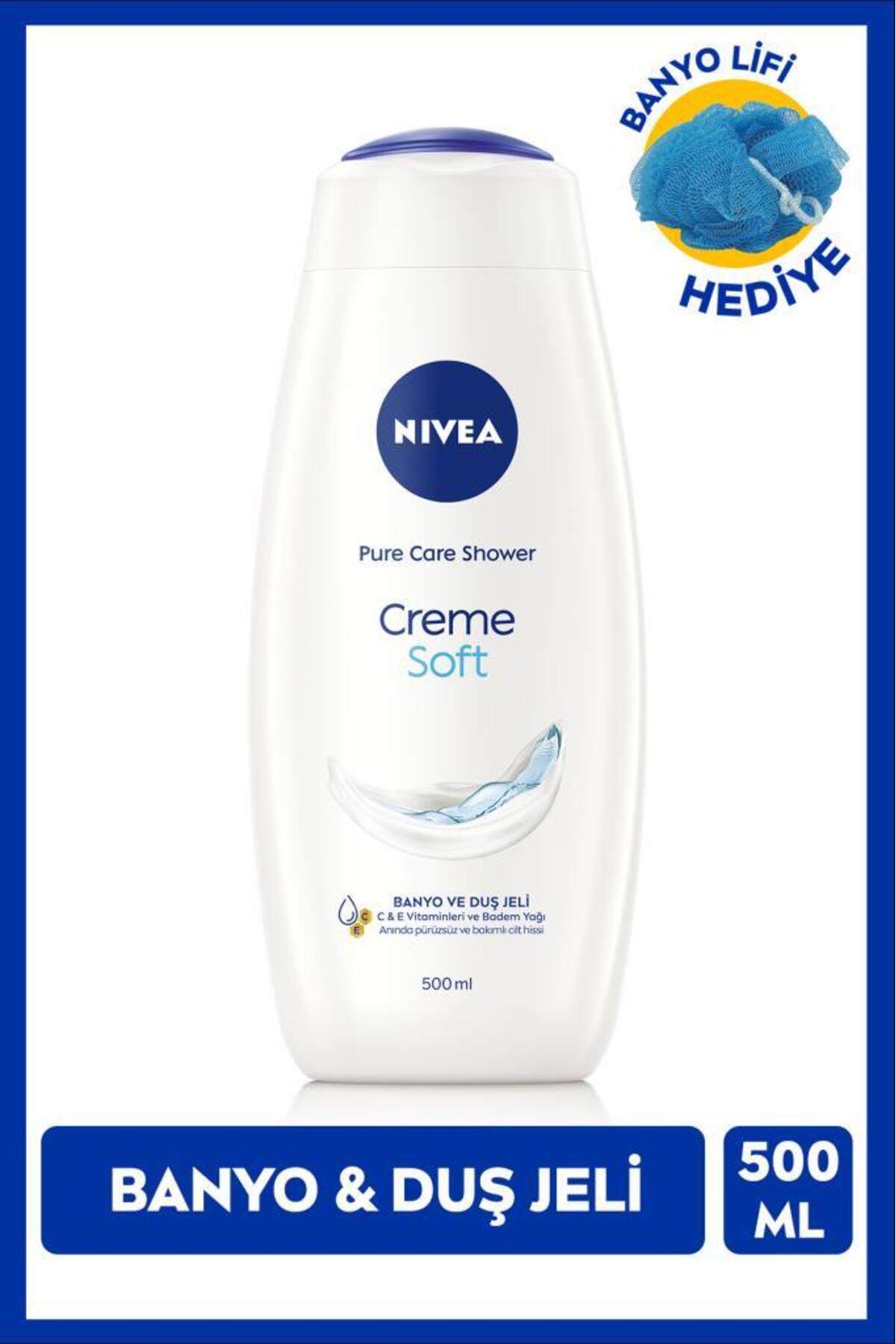 NIVEA Creme Soft Kremsi Dokunuş Duş Jeli 500ml, Vücut Bakım, Badem Yağı, C Vitamini, Banyo Lifi Hediyeli