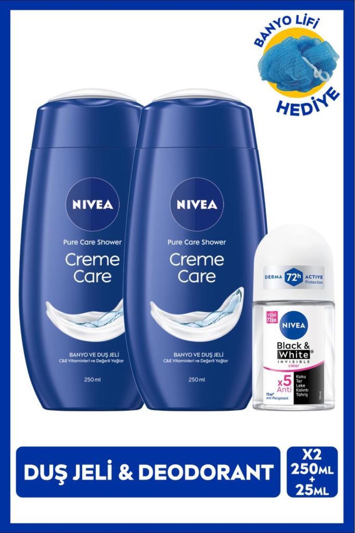 NIVEA Creme Care Duş Jeli 250ml X2 Adet ve Roll-on Deodorant Black&White Clear 25ml, Avantajlı Paket