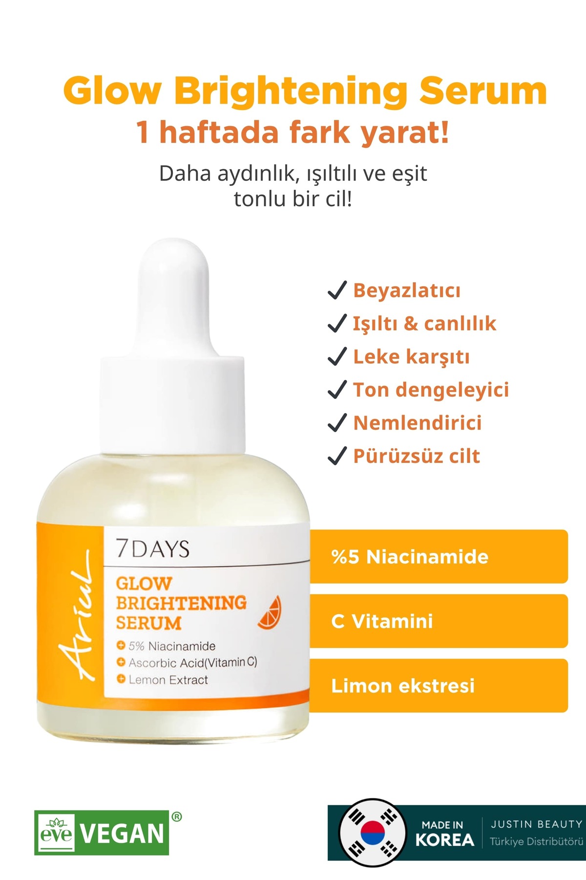 Ariul 7 days Glow Brightening Serum 20ml - & Ton Eşitleyici %5 Niasinamid Vegan Serum