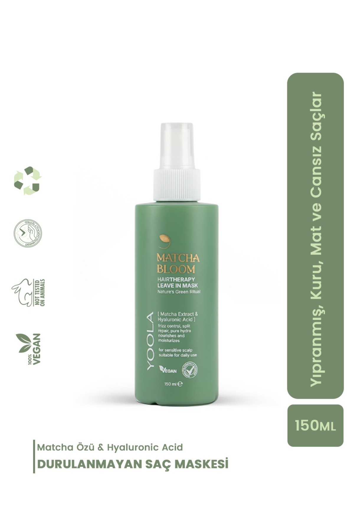 Yoola Matcha Özü İçeren Yıpranmış & Kuru Saçlar İçin Kolay Tarama Nem Bombası Elektriklenme Karşıtı Saç Spreyi 150 ml - VEGAN