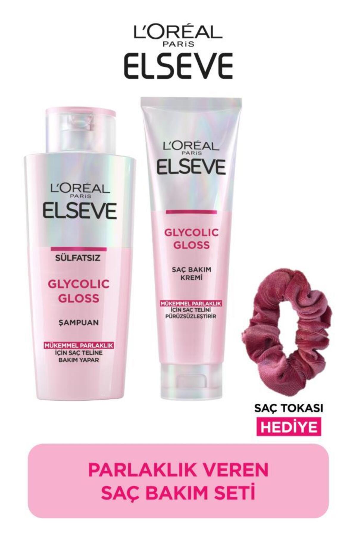 ELSEVE Glycolic Gloss Mükemmel Parlaklık 2'li Saç Bakım Seti: Şampuan , Saç Kremi + Hediye Saç Tokası