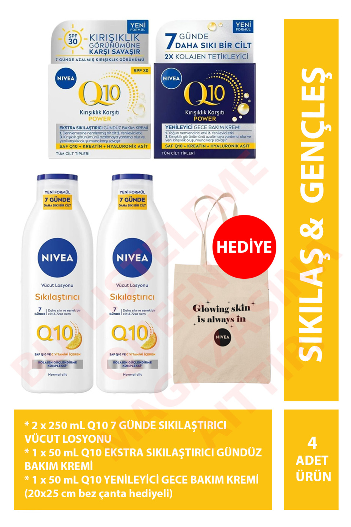 NIVEA Q10 Power 4’lü Cilt Bakım Seti – 2x Sıkılaştırıcı Losyon, Gündüz ve Gece Kremi + Bez Çanta avantaj