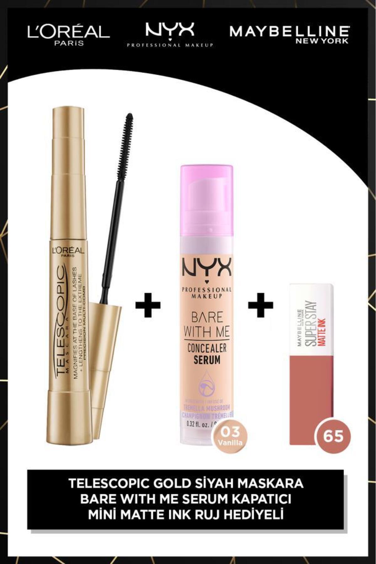 L'Oreal Paris Telescopic Gold Maskara + Bare With Me Kapatıcı 03 + Matte Ink Mini Ruj 15