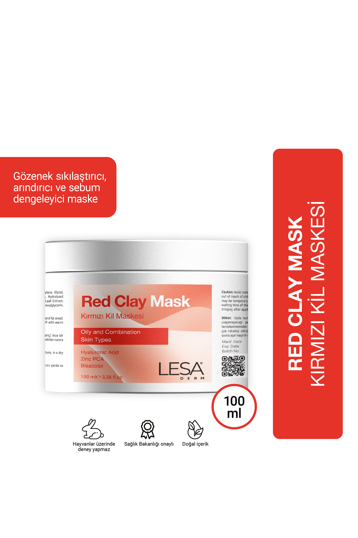 Lesaderm Kırmızı Kil Maskesi Kaolin, Çinko, PCA Gözenek Arındırıcı, Sıkılaştırıcı, Sebum Dengeleyici 100ml