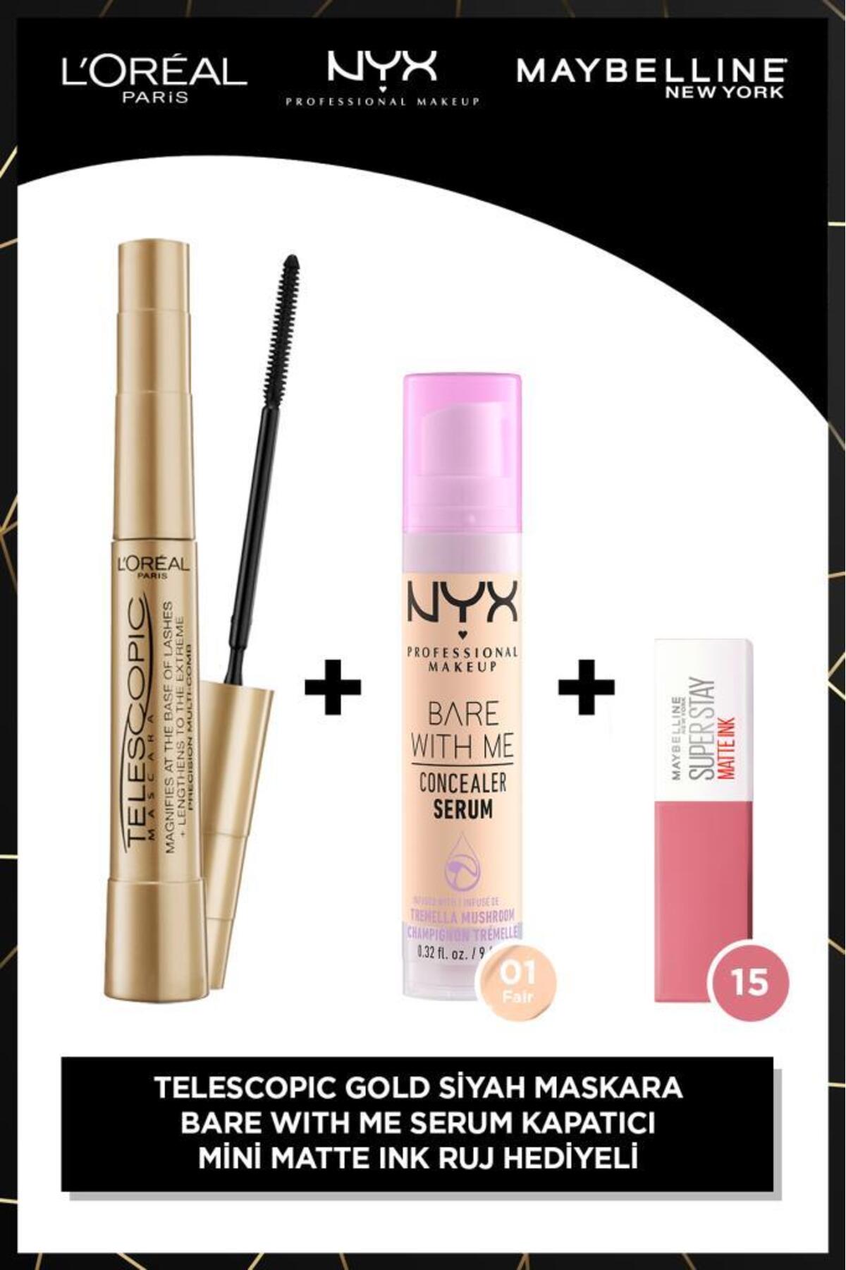 L'Oreal Paris Telescopic Gold Maskara & Bare With Me 01 Kapatıcı Makyaj Seti & Matte Ink 15 Mini