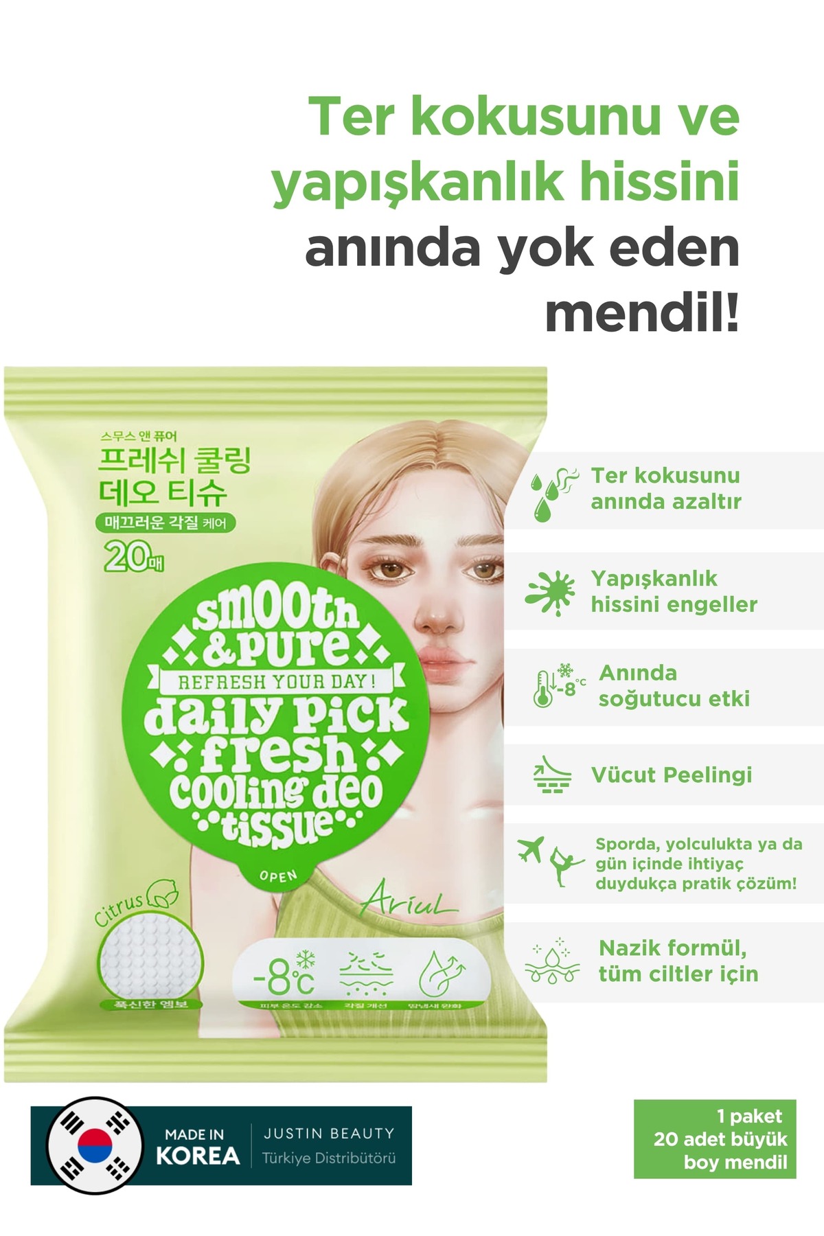 Ariul Smooth & Pure Fresh Cooling Deo Tissue (20 pcs) - Multi Fonksiyonel Vegan Deodorant Mendil