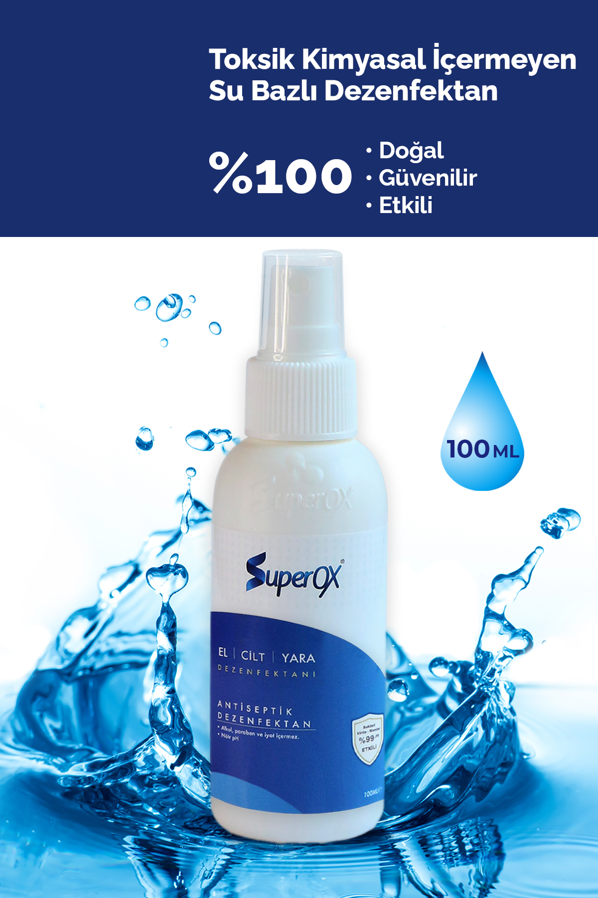 SuperOX Doğal ve Alkolsüz El Cilt Dezenfektanı , Hipokloröz İçeren El Dezenfektanı 100 ML