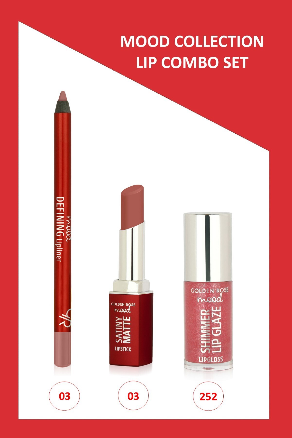 Golden Rose Mood Lip Combo Set - Defining Dudak Kalemi No:03 - Satiny Matte Ruj No:03 - Shimmer Dudak Parlatıcıs