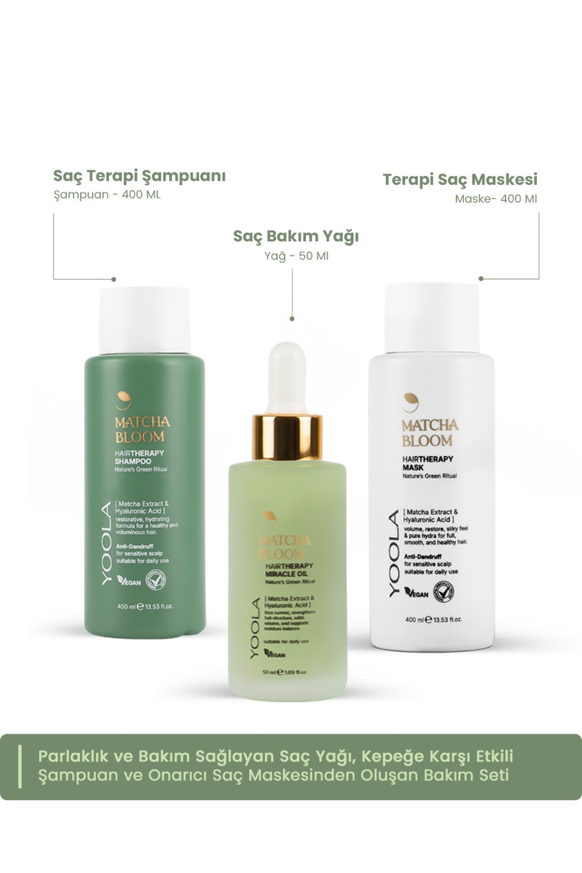 Yoola Matcha Terapisi: Nemlendirici Onarıcı Şampuan, Maske ve Yağ Seti
