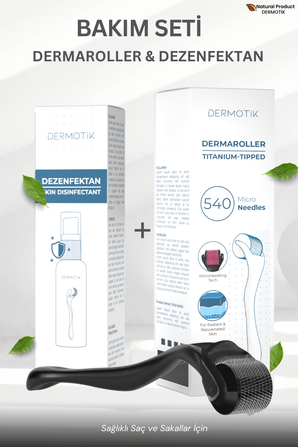 Dermotik Titanyum Uçlu 540 İğneli Dermaroller 1 mm & Dezenfektan Seti–Cilt ve Seyrek Saç Sakal Bakım Aleti
